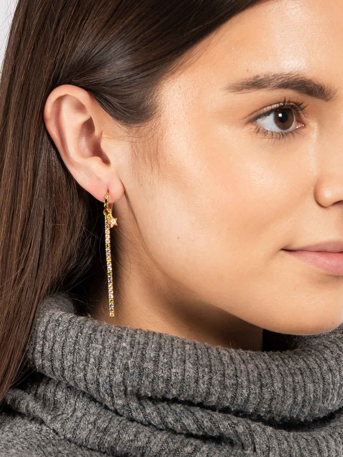 Gift Packaged 'Adela' 18ct Yellow Gold Plated 925 Silver and Cubic Zirconia Star Hoop & Chain Drop Earrings