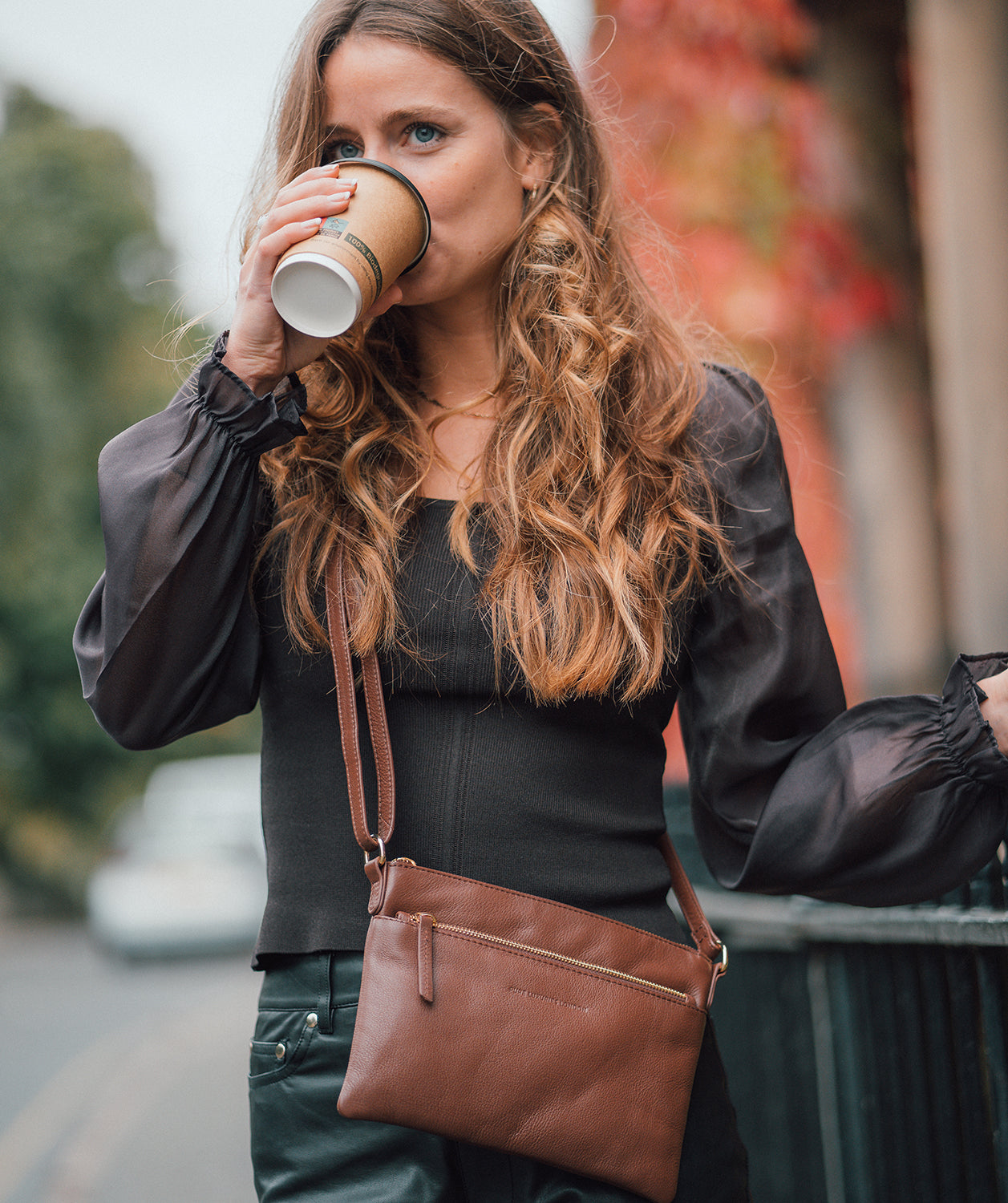 'Hannah' Dark Tan Nappa Leather Cross Body Bag