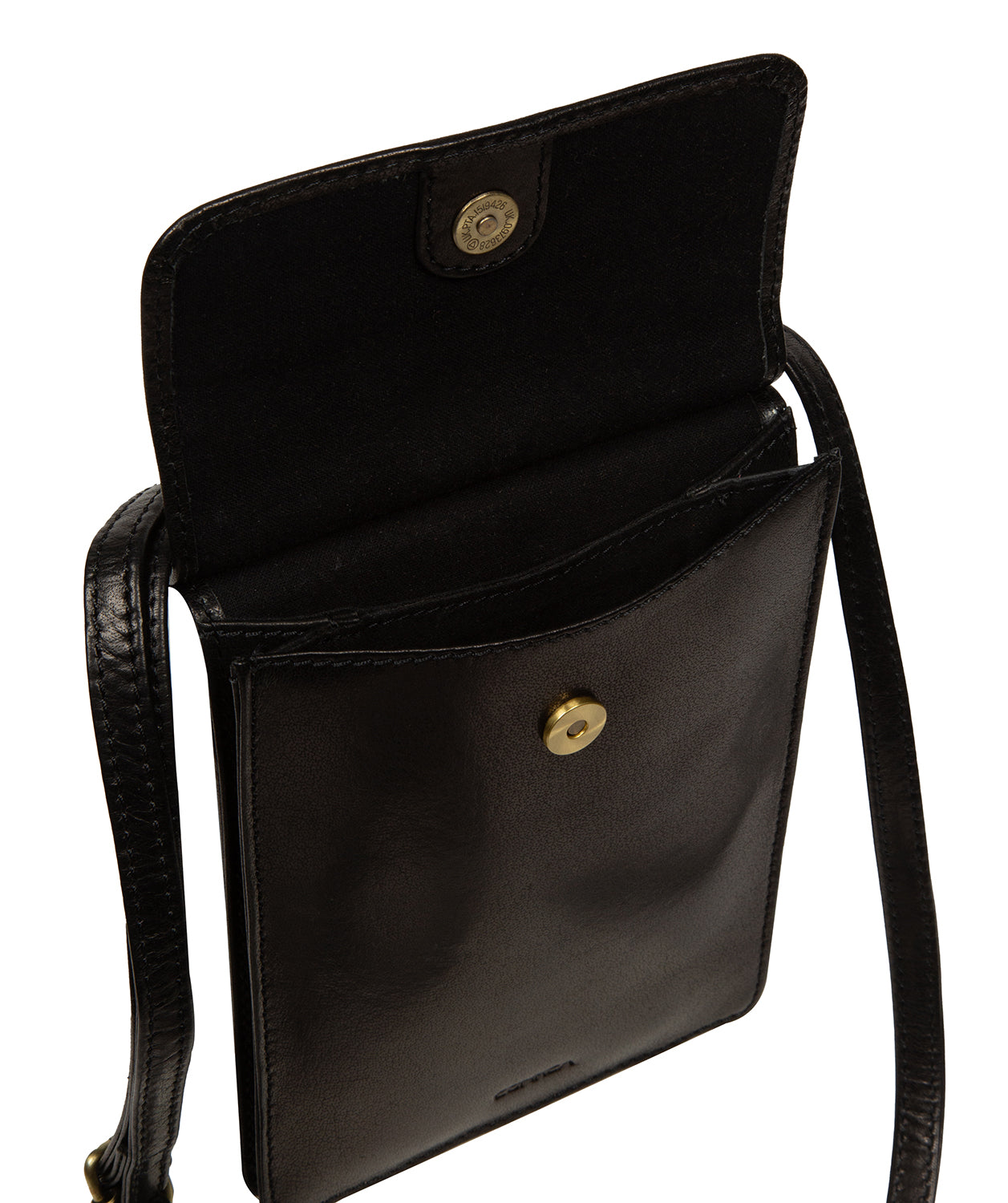 Brass metal zip and hardware on black leather exterior