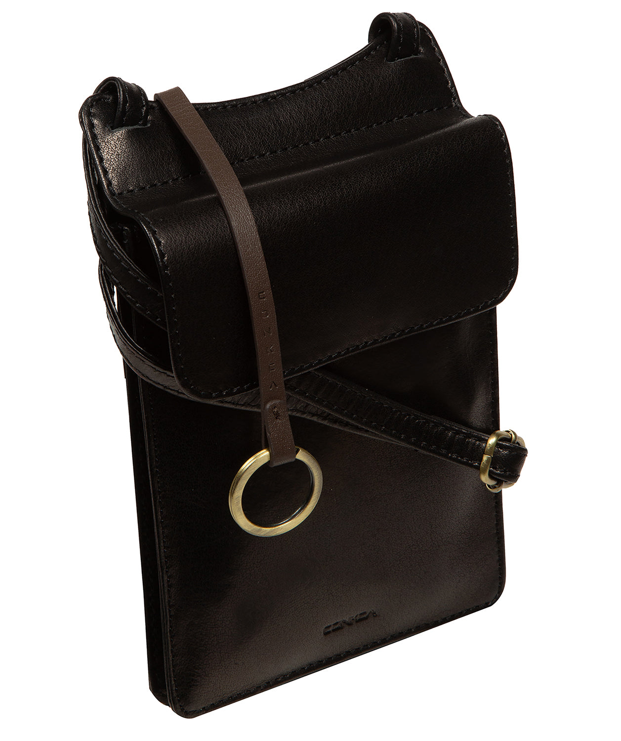 Slim leather shoulder strap with embossed Conkca logo charm
