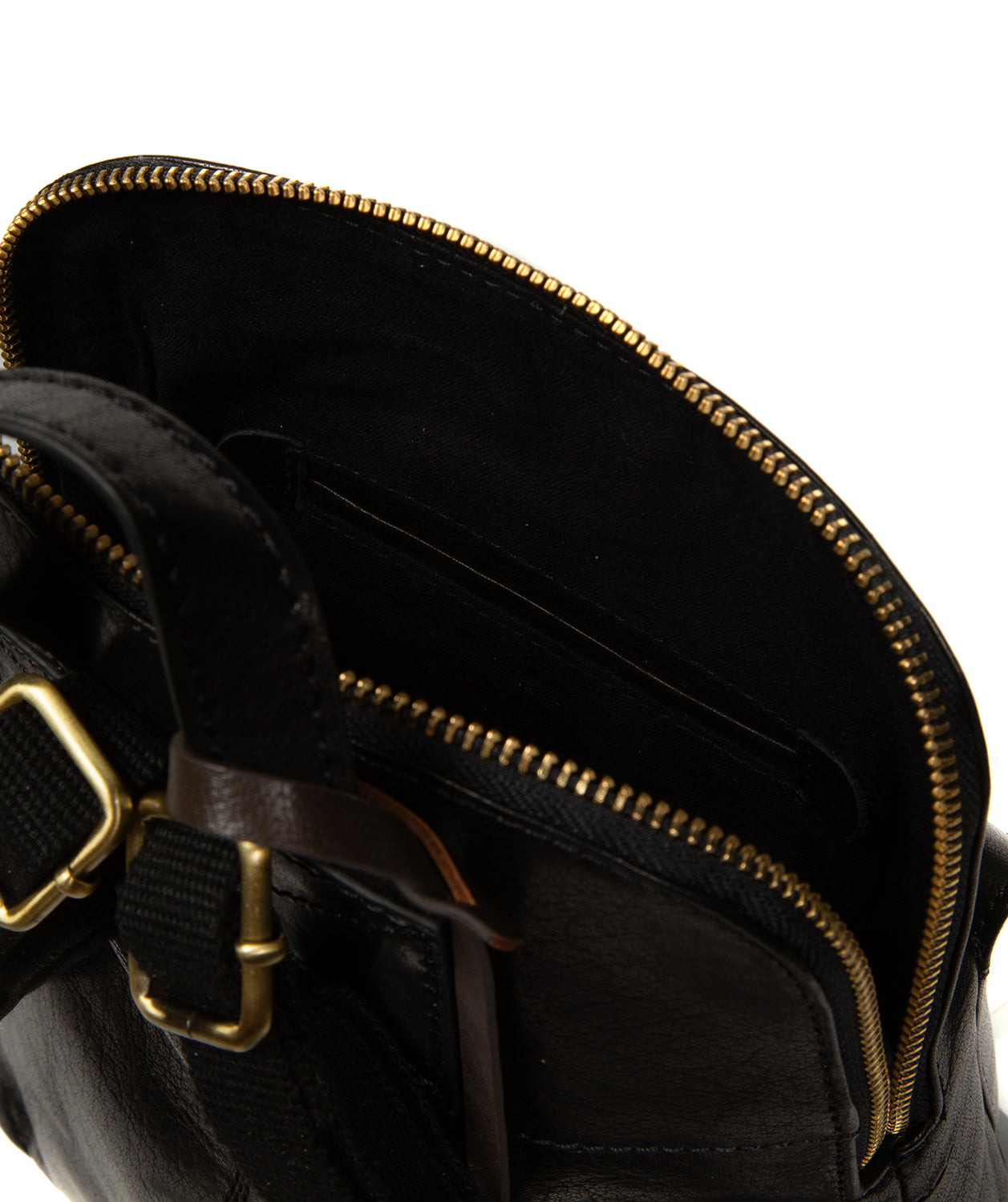 Brass zip and hardware close-up detail