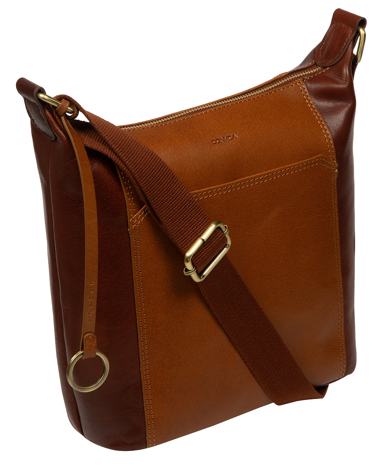 Indigo shoulder bag top zip closure and embossed Conkca logo