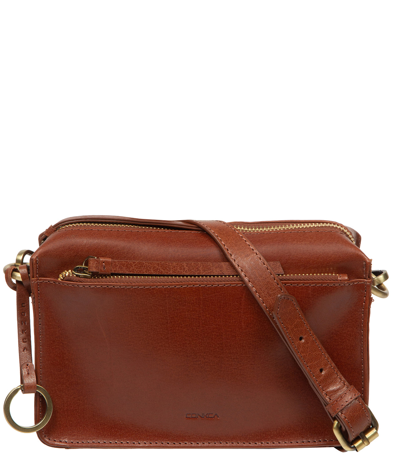 Conkca London Azalea Conker Brown leather crossbody bag front view