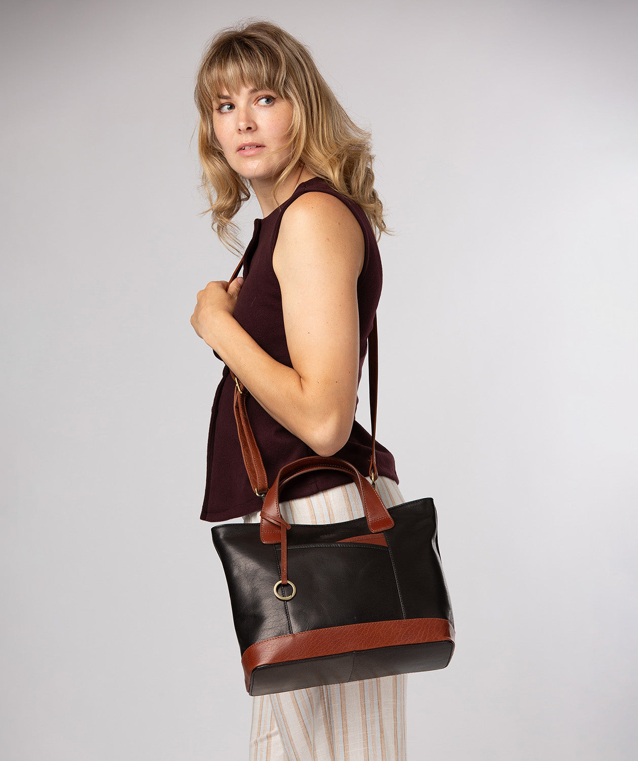 'Elm' Black & Conker Brown Leather Tote & Shoulder Bag