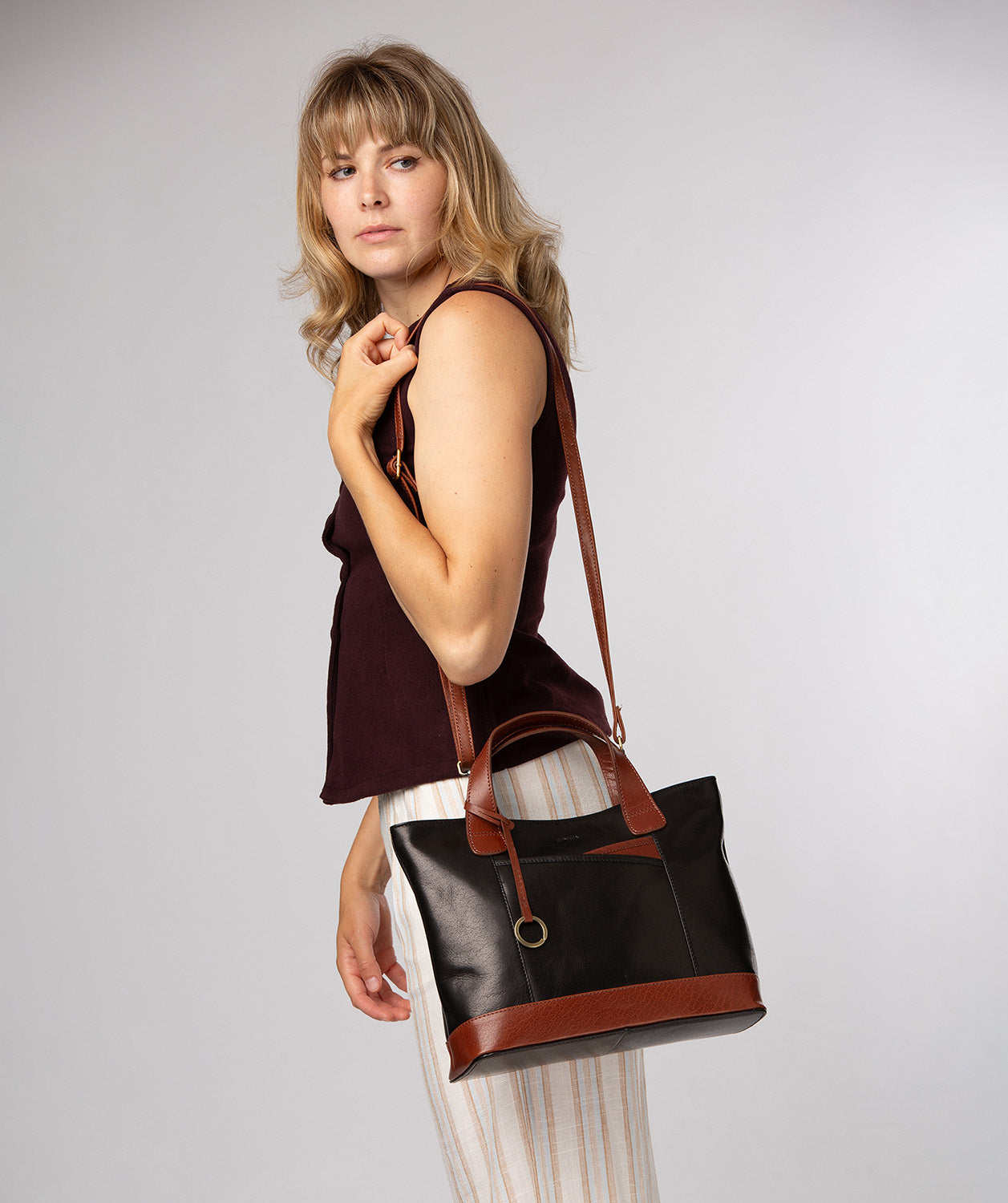 'Elm' Black & Conker Brown Leather Tote & Shoulder Bag