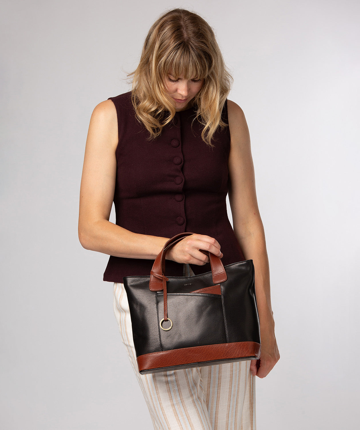 'Elm' Black & Conker Brown Leather Tote & Shoulder Bag