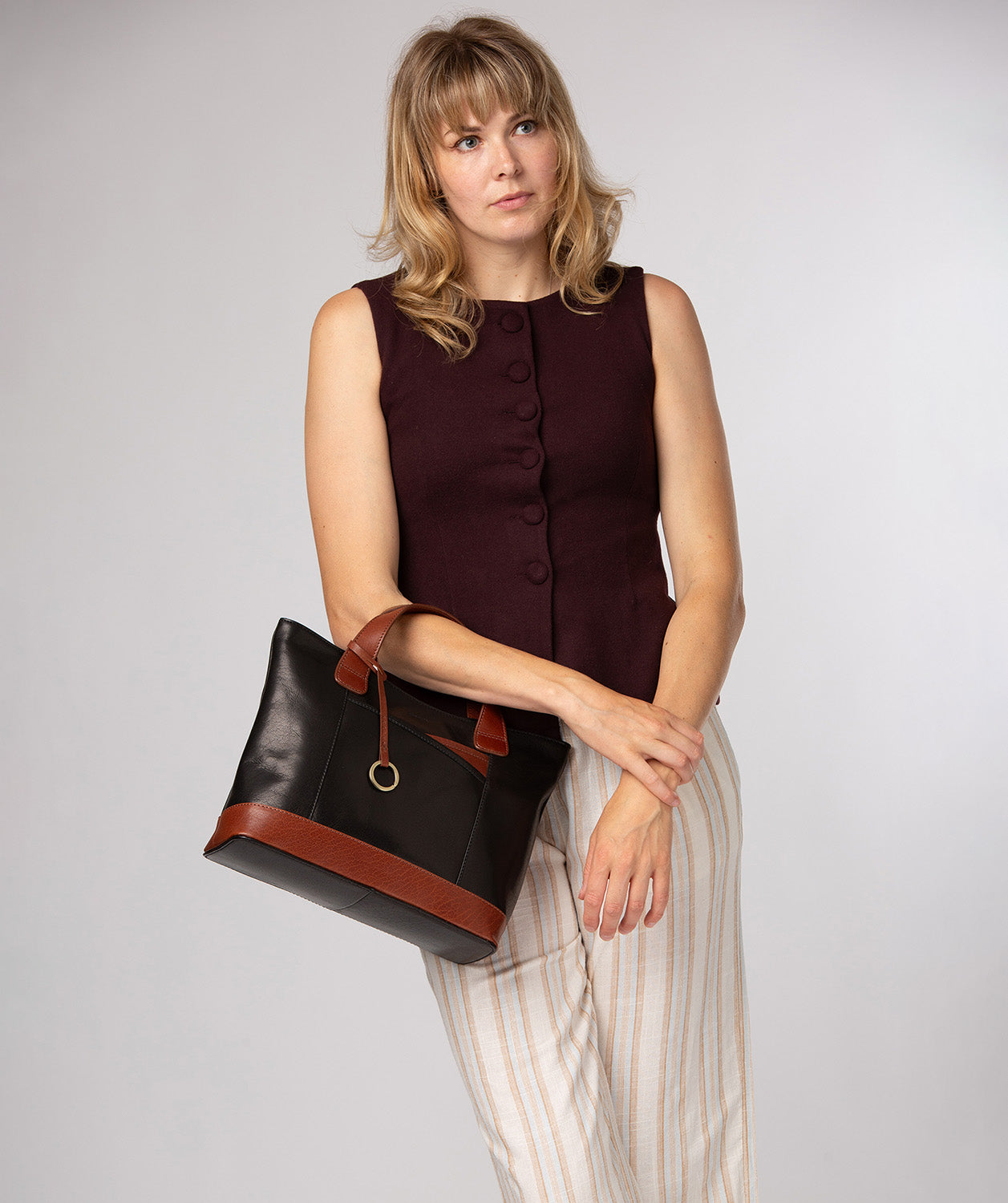 'Elm' Black & Conker Brown Leather Tote & Shoulder Bag