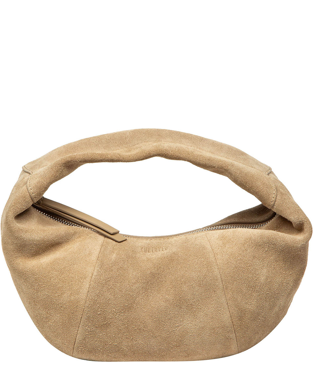 beige suede grab bag side profile with loop handle