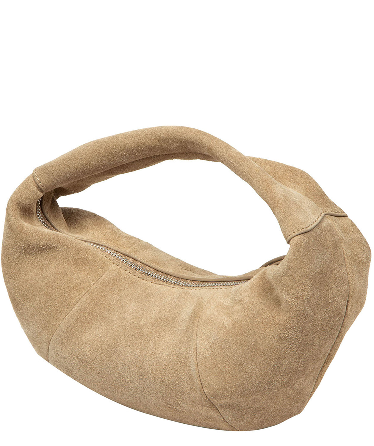 beige suede grab bag carried by hand showing 15cm handle drop
