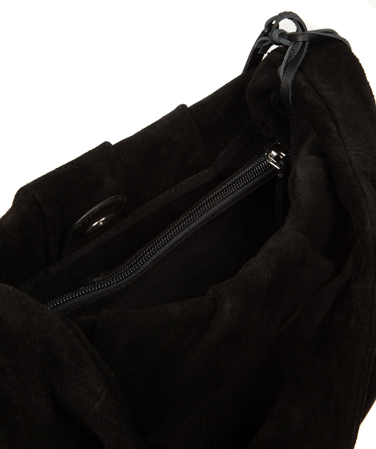 back view of black suede handbag structure