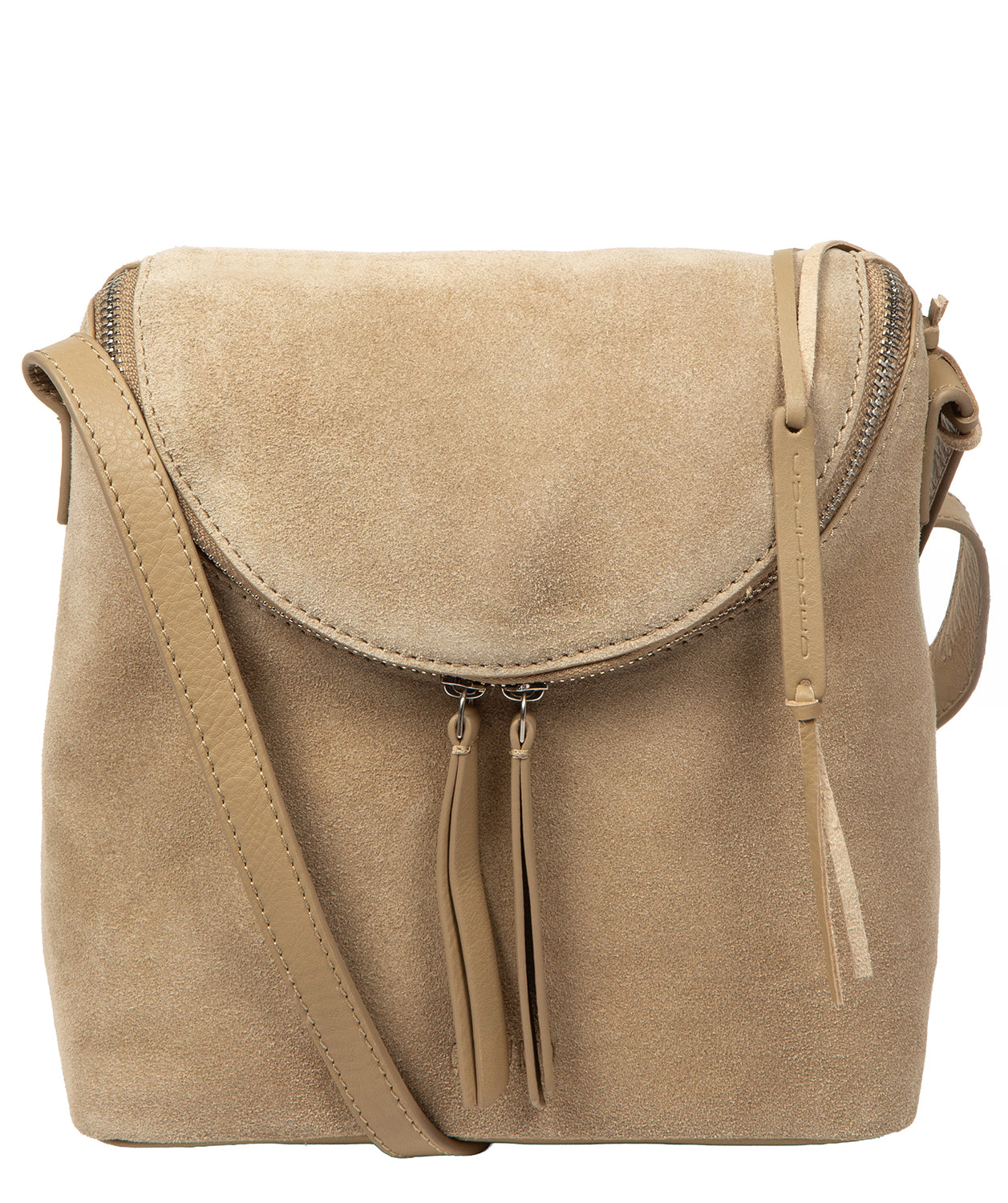 Cultured London Luisana beige suede crossbody bag front view