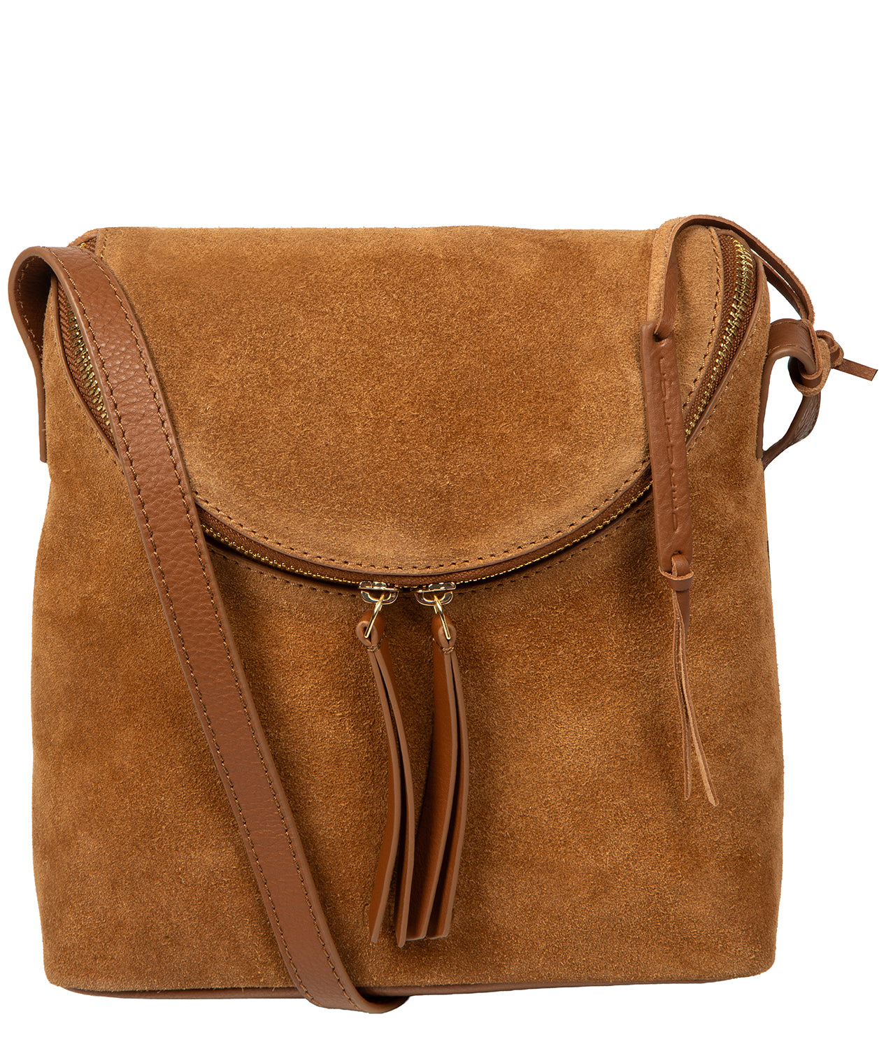 Cultured London Luisana tan suede crossbody bag front view