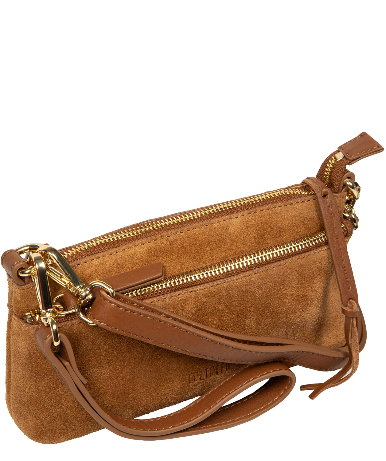 tan suede clutch showing leather trim and silver hardware detail