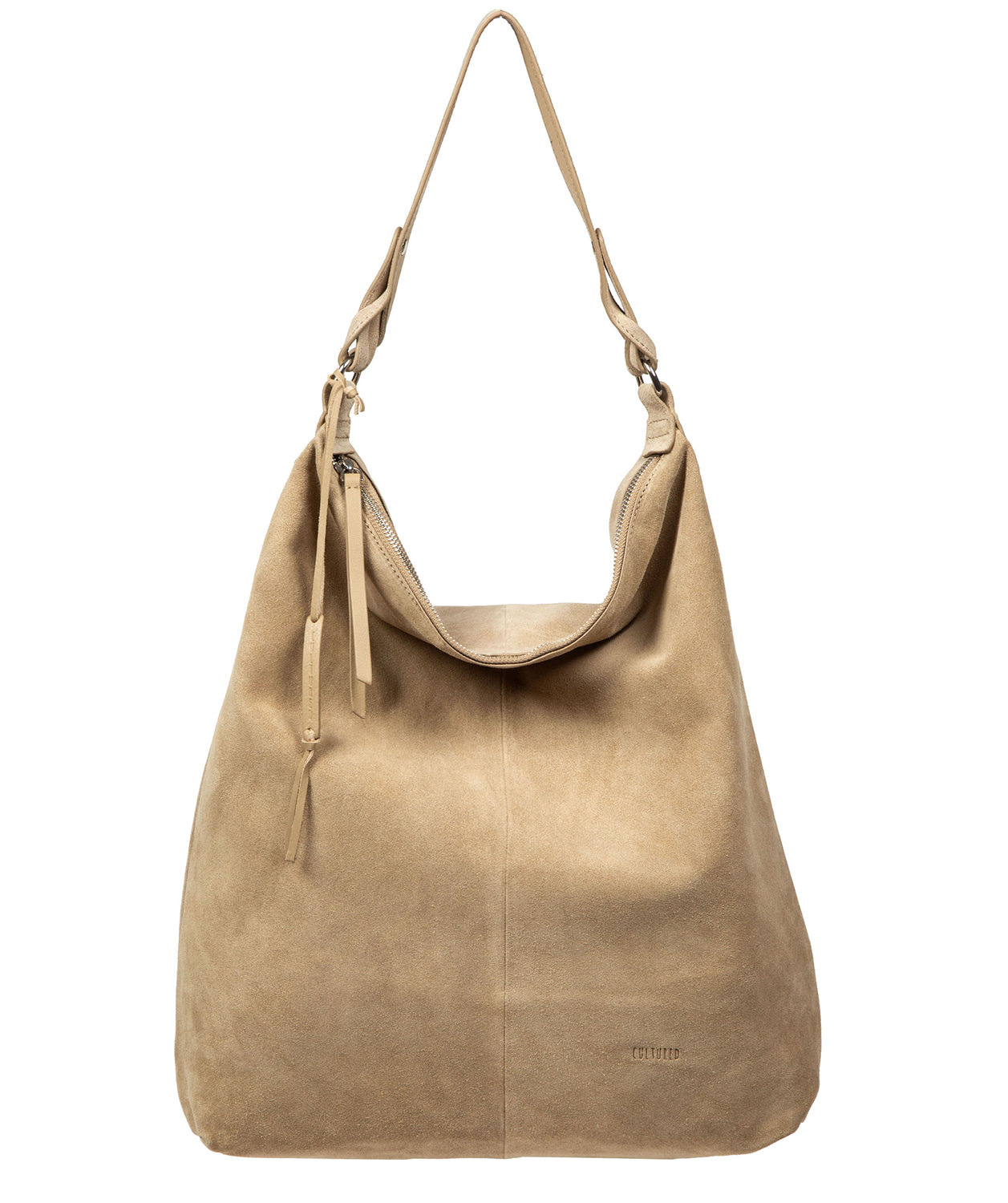 Full Harmony beige suede leather tote bag overhead view