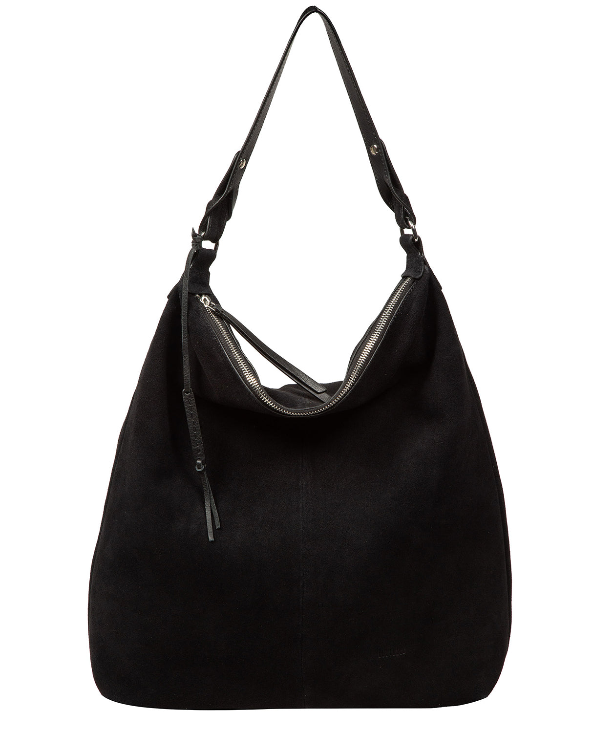 Black suede leather tote bag product shot