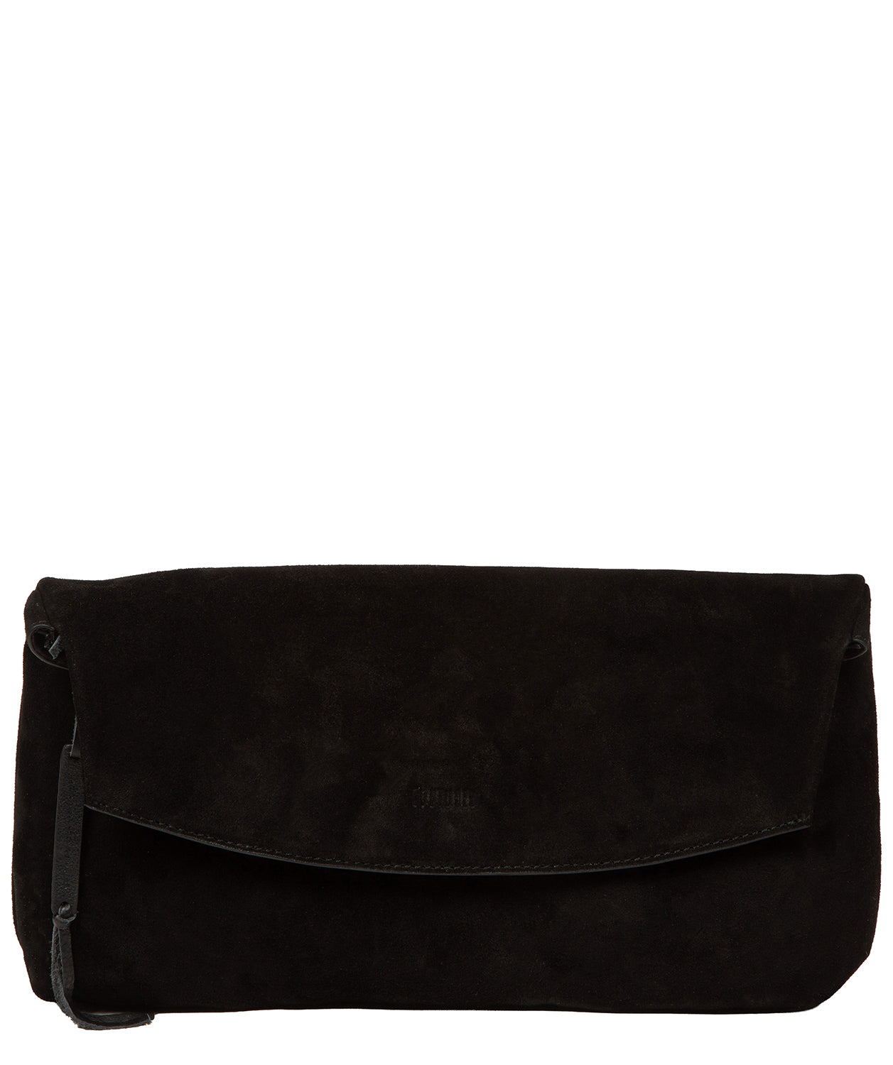 Cultured London Perla black suede fold-over clutch bag front view