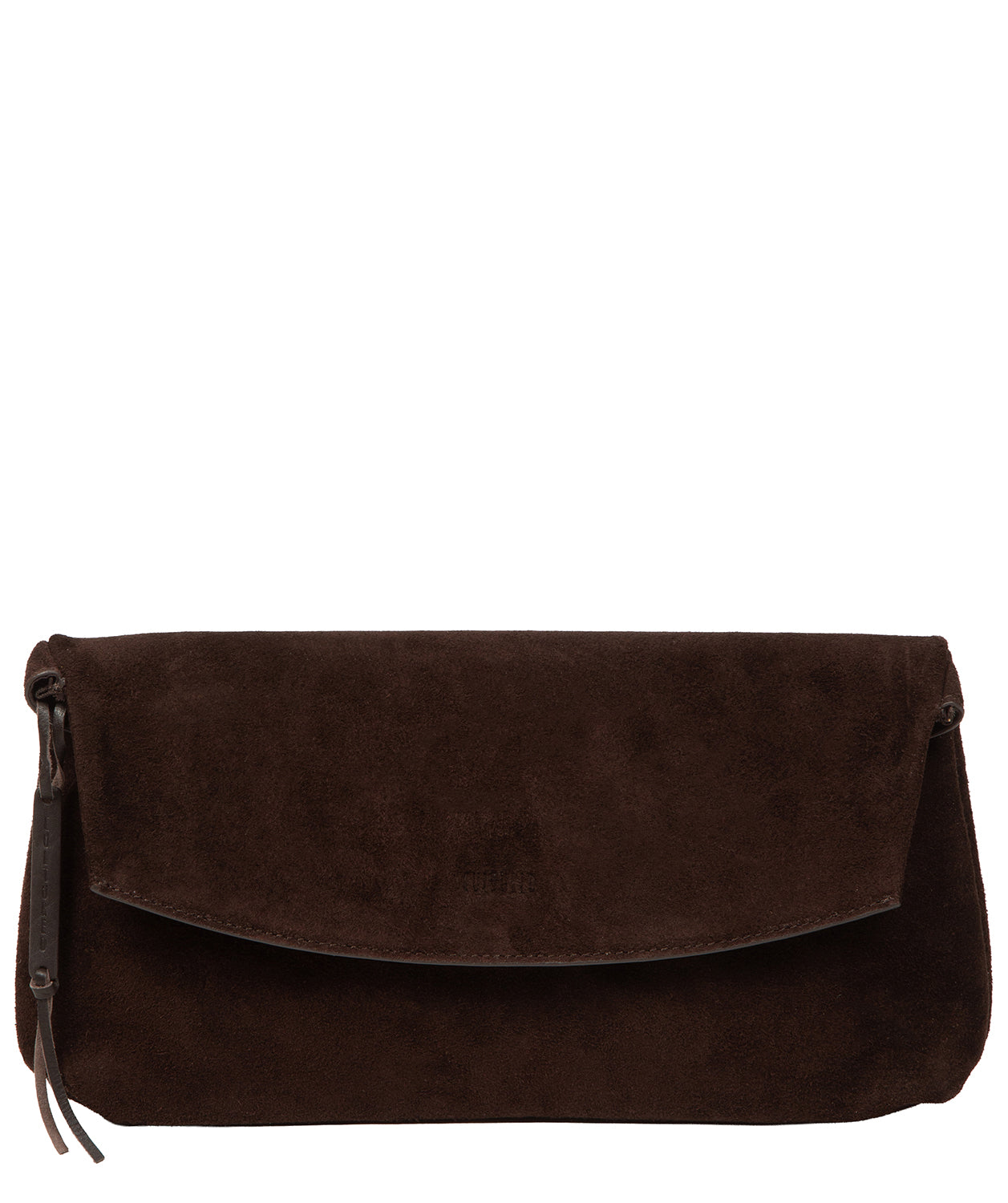 Cultured London Perla suede clutch bag Cocoa front view