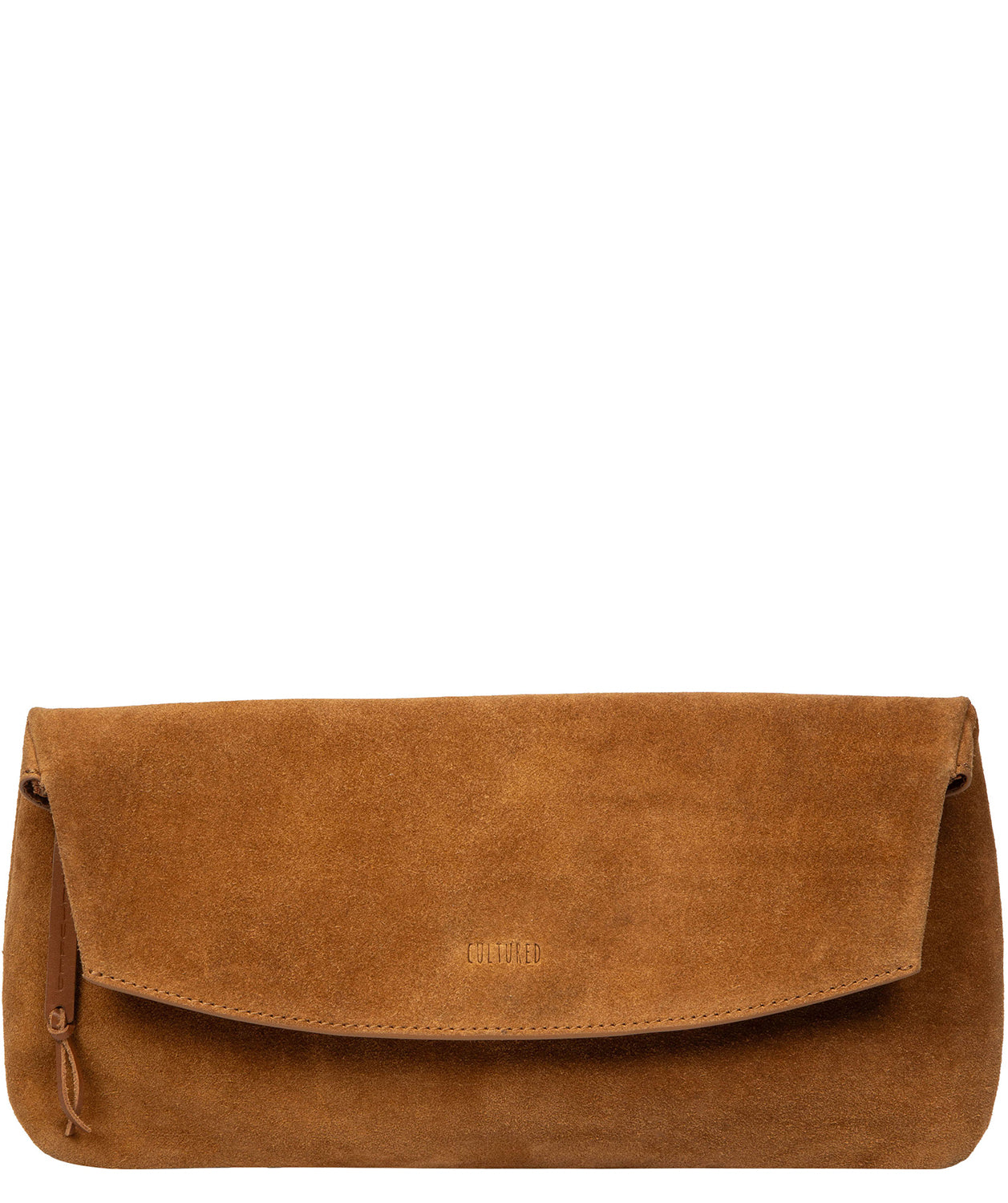 Cultured London Perla tan suede fold-over clutch bag front view
