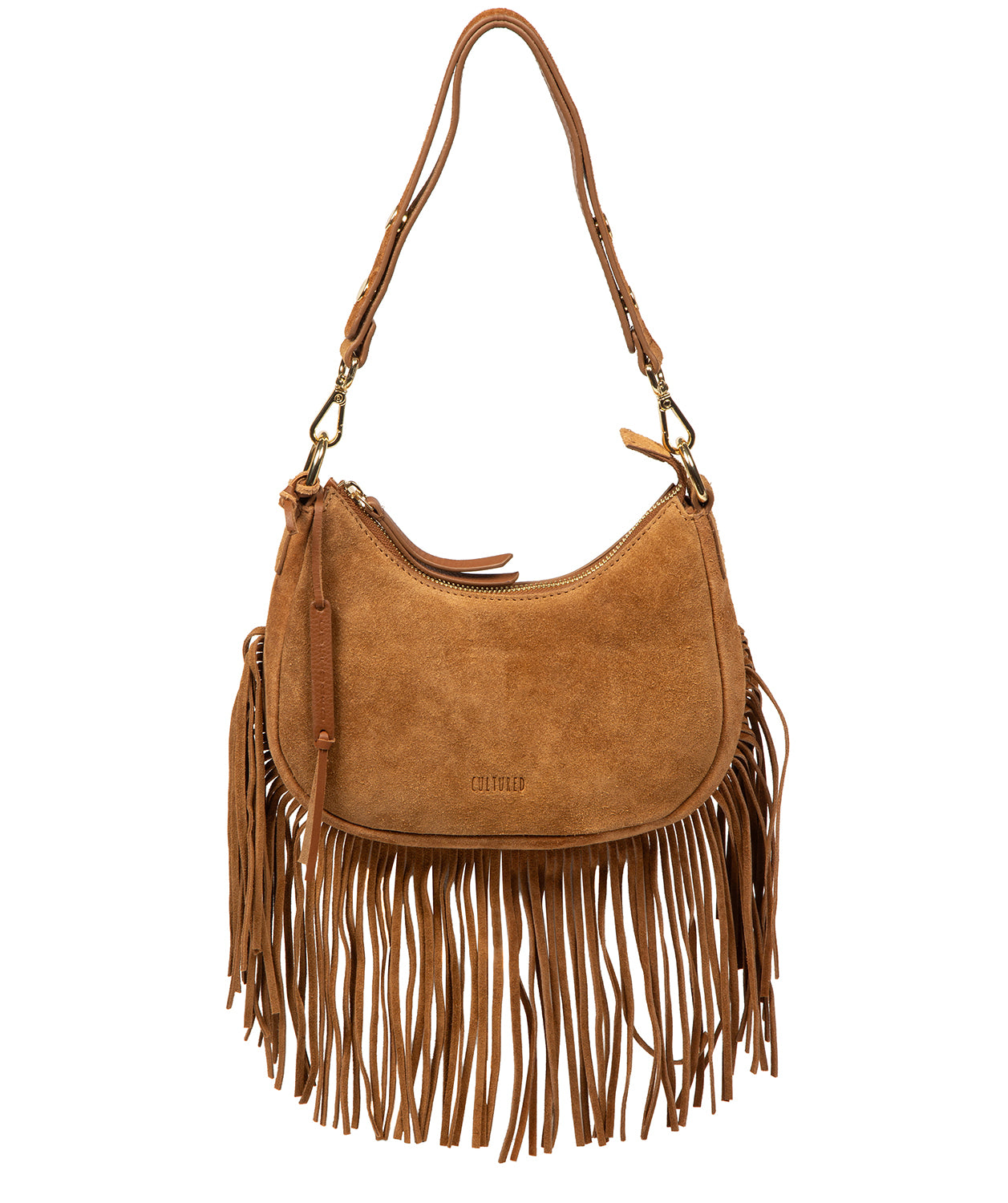 Cultured London Alondra tan suede clutch bag front view