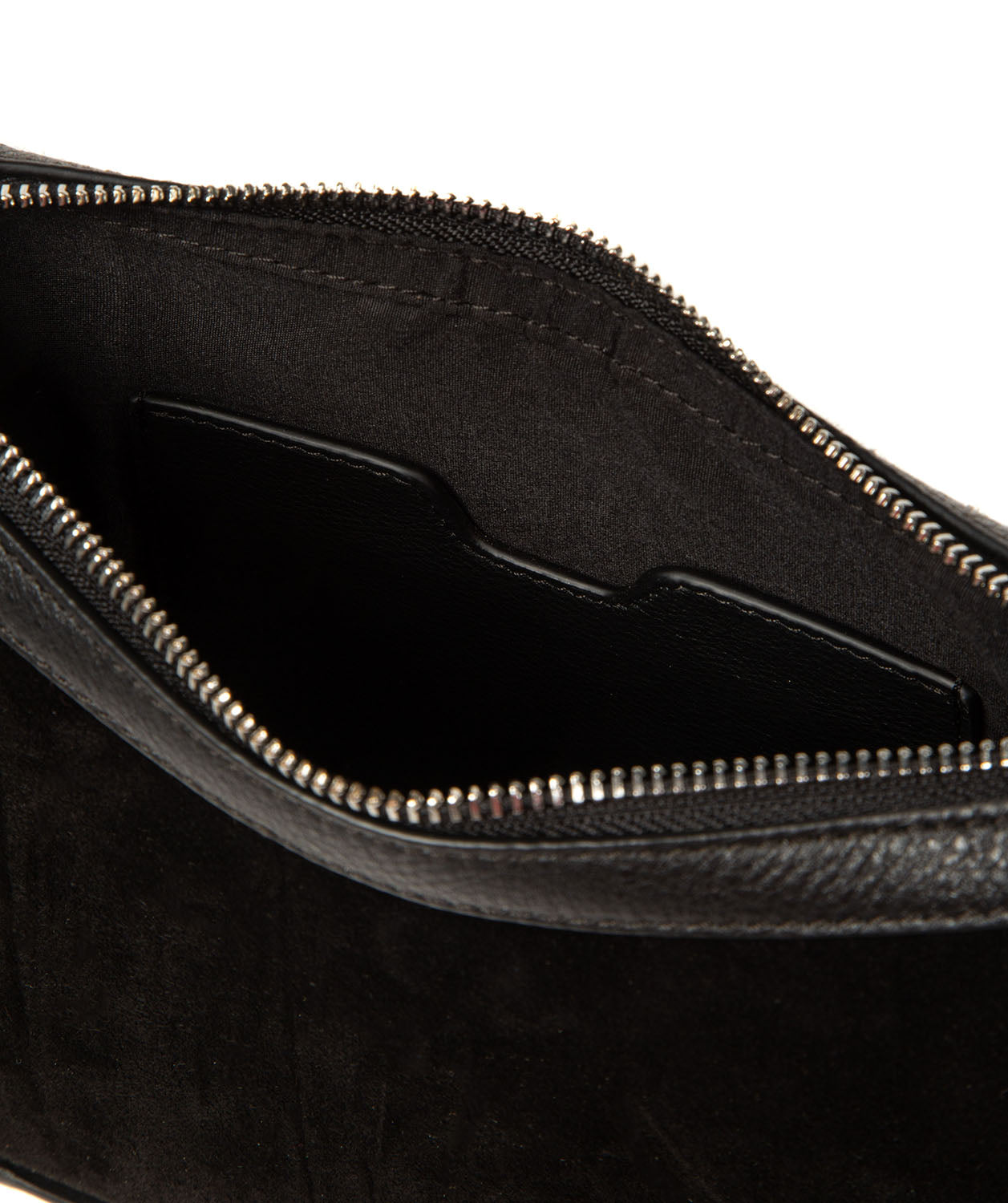 back view of black suede grab bag