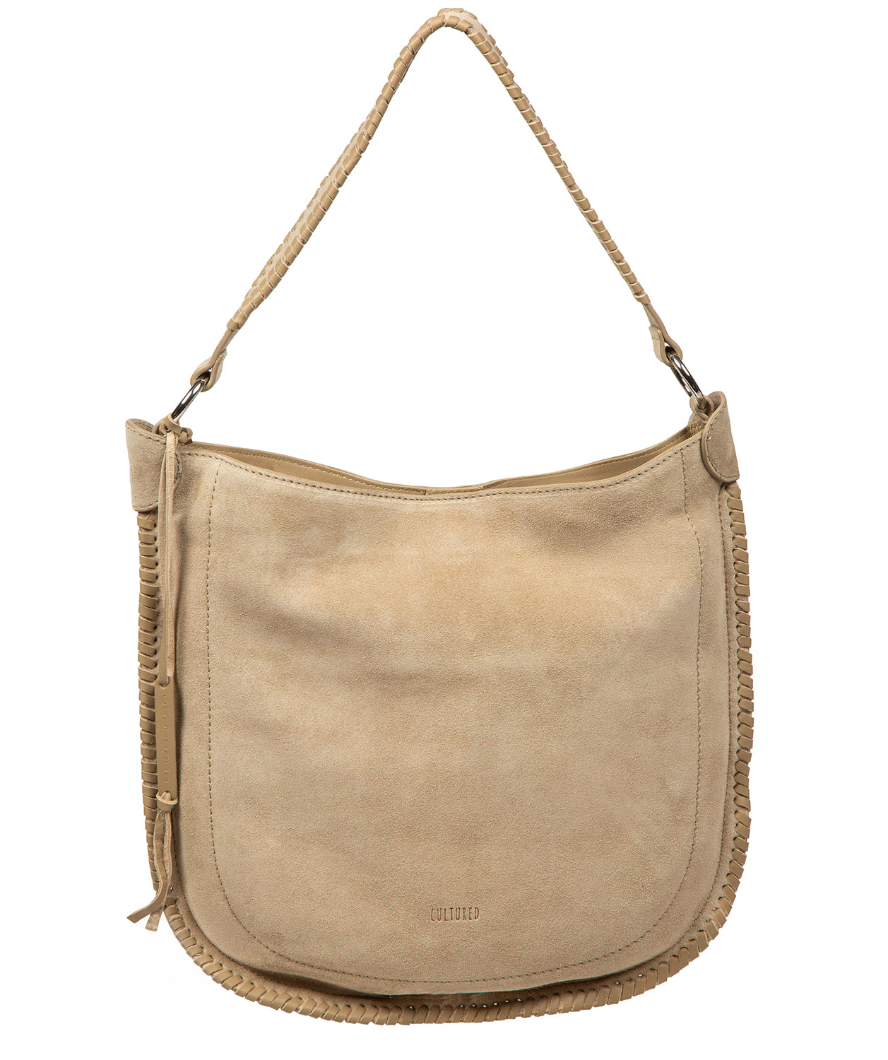 Cultured London Bonnie beige suede leather shoulder bag front view
