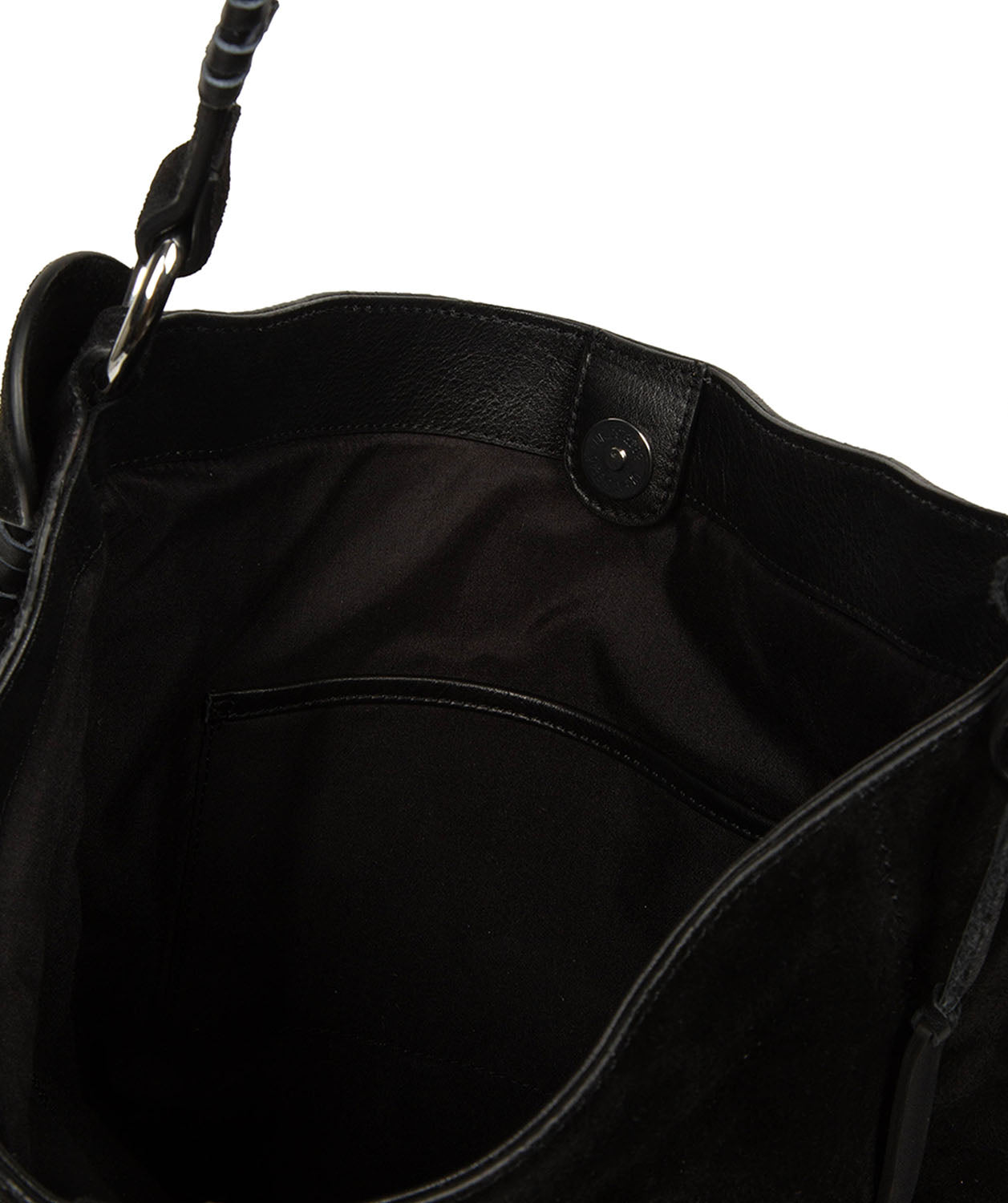 Adjustable suede shoulder strap with woven leather trim