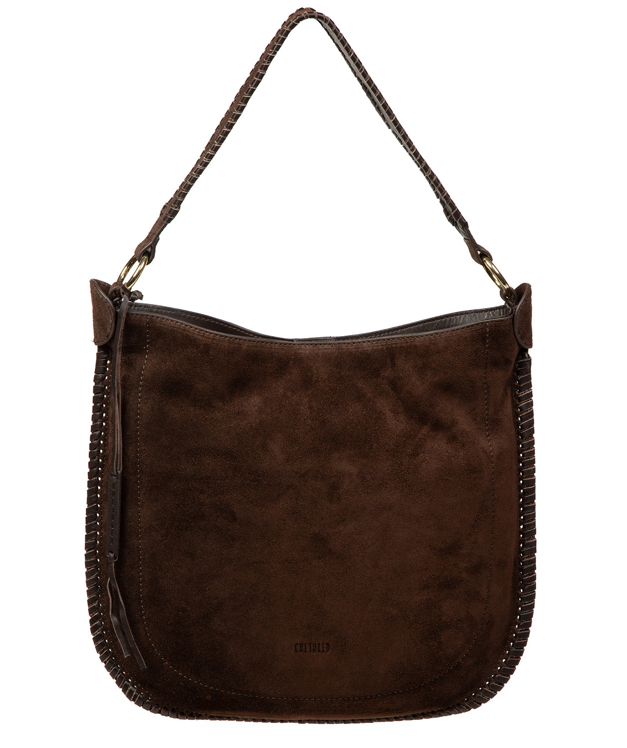 Cultured London Bonnie cocoa suede shoulder bag front view