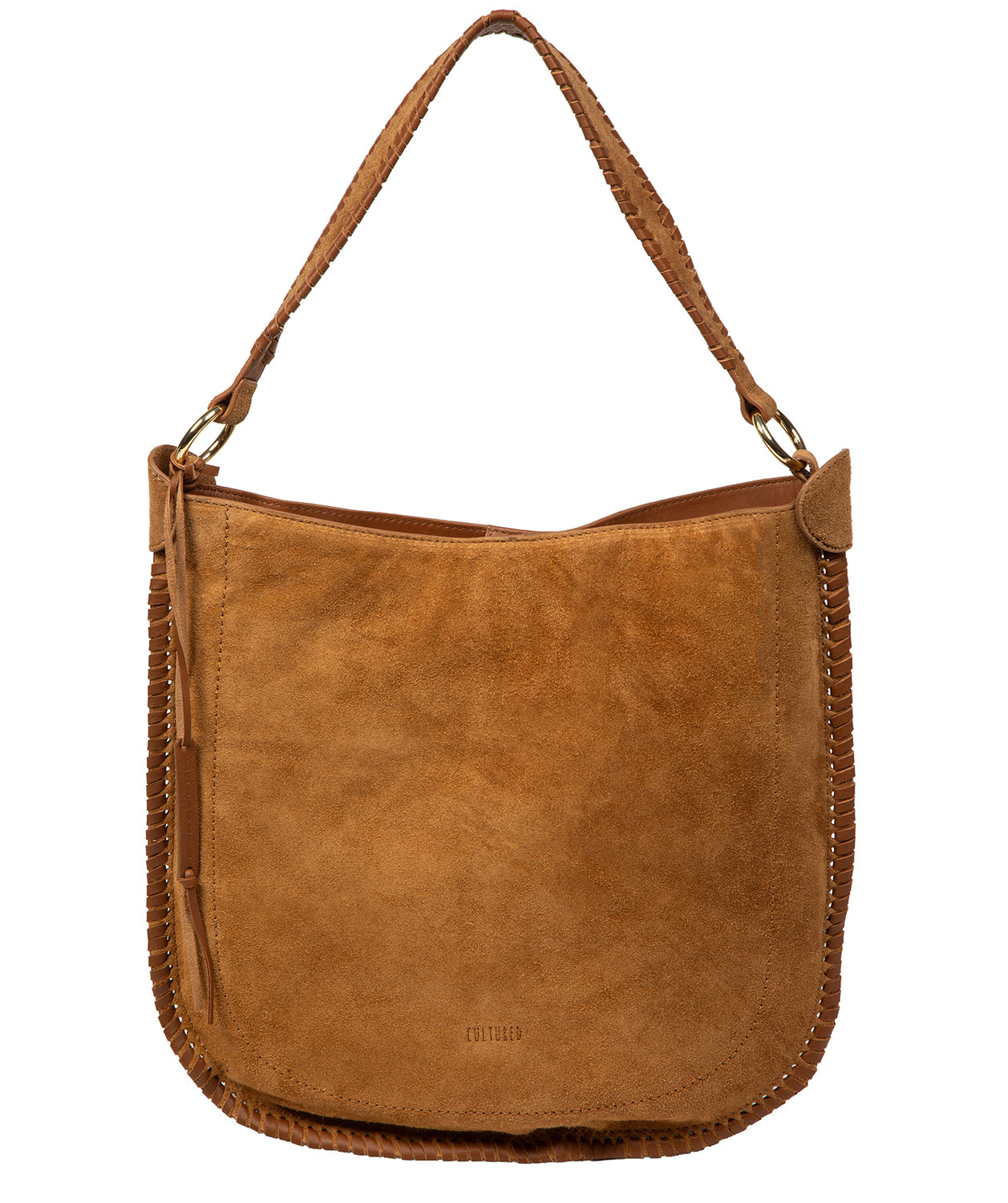 Cultured London Bonnie tan suede leather shoulder bag front view