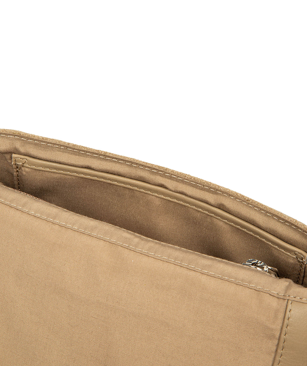 Compact beige suede bag full view with shoulder carry