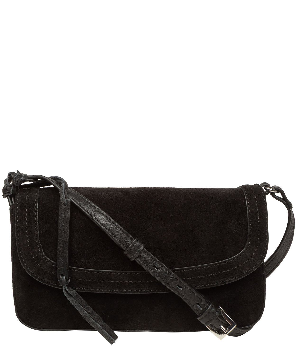 Cultured London Ashe black suede mini crossbody bag front view