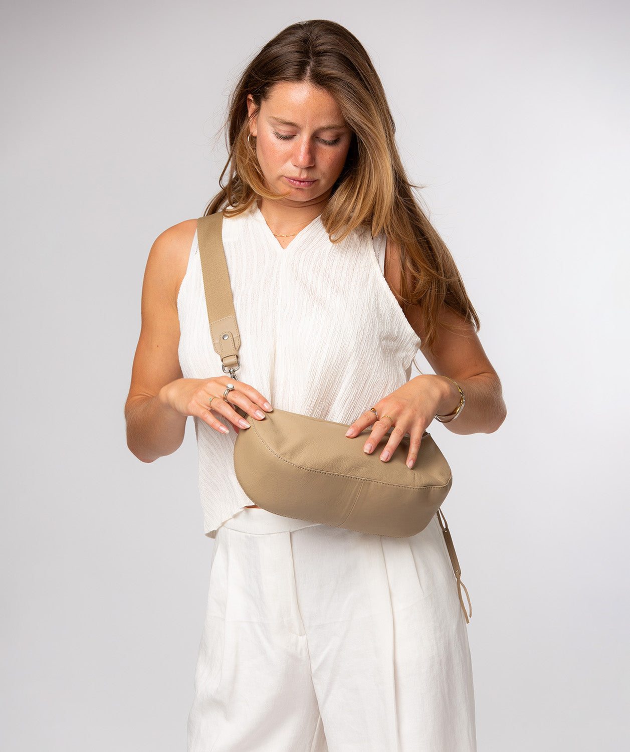 Nuala bag worn across body showing strap drop length