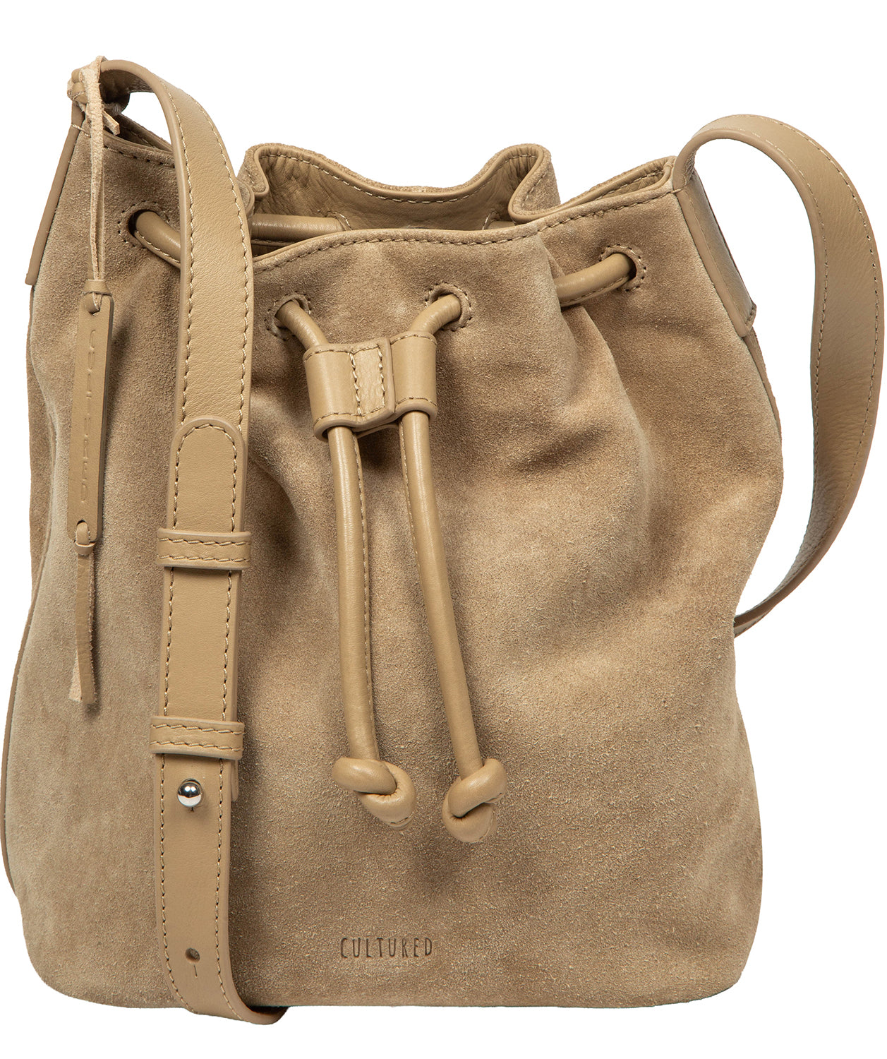 Cultured London beige suede Emerson bucket shoulder bag front view