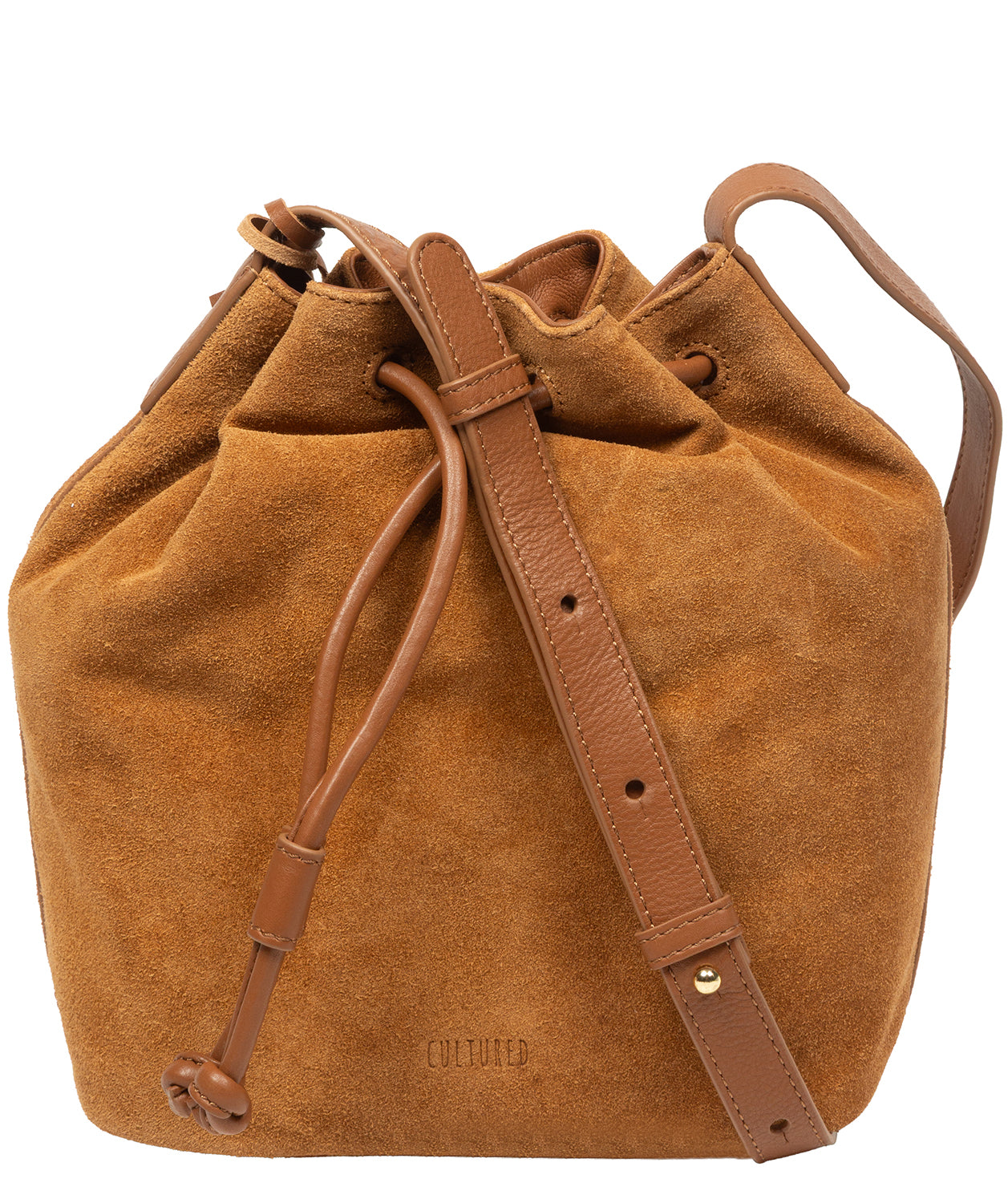 Cultured London Emerson tan suede leather bucket shoulder bag front view