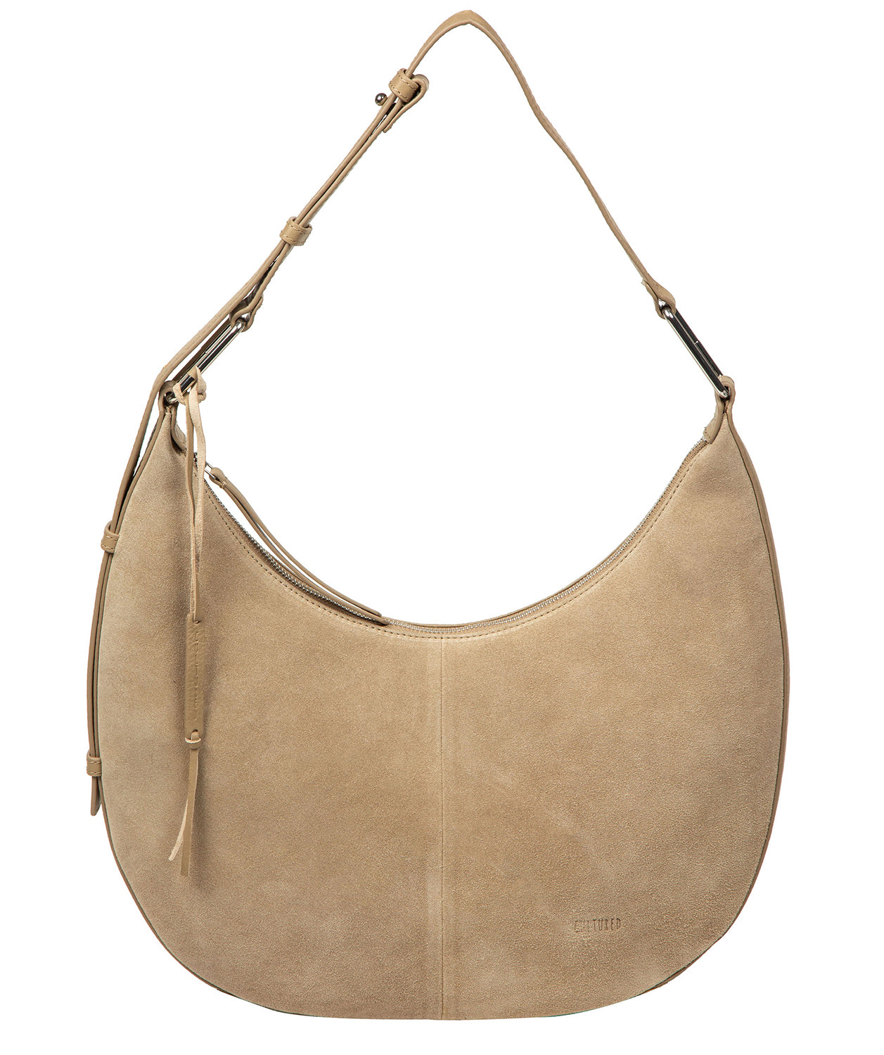 Cultured London Kacey beige suede shoulder bag front view