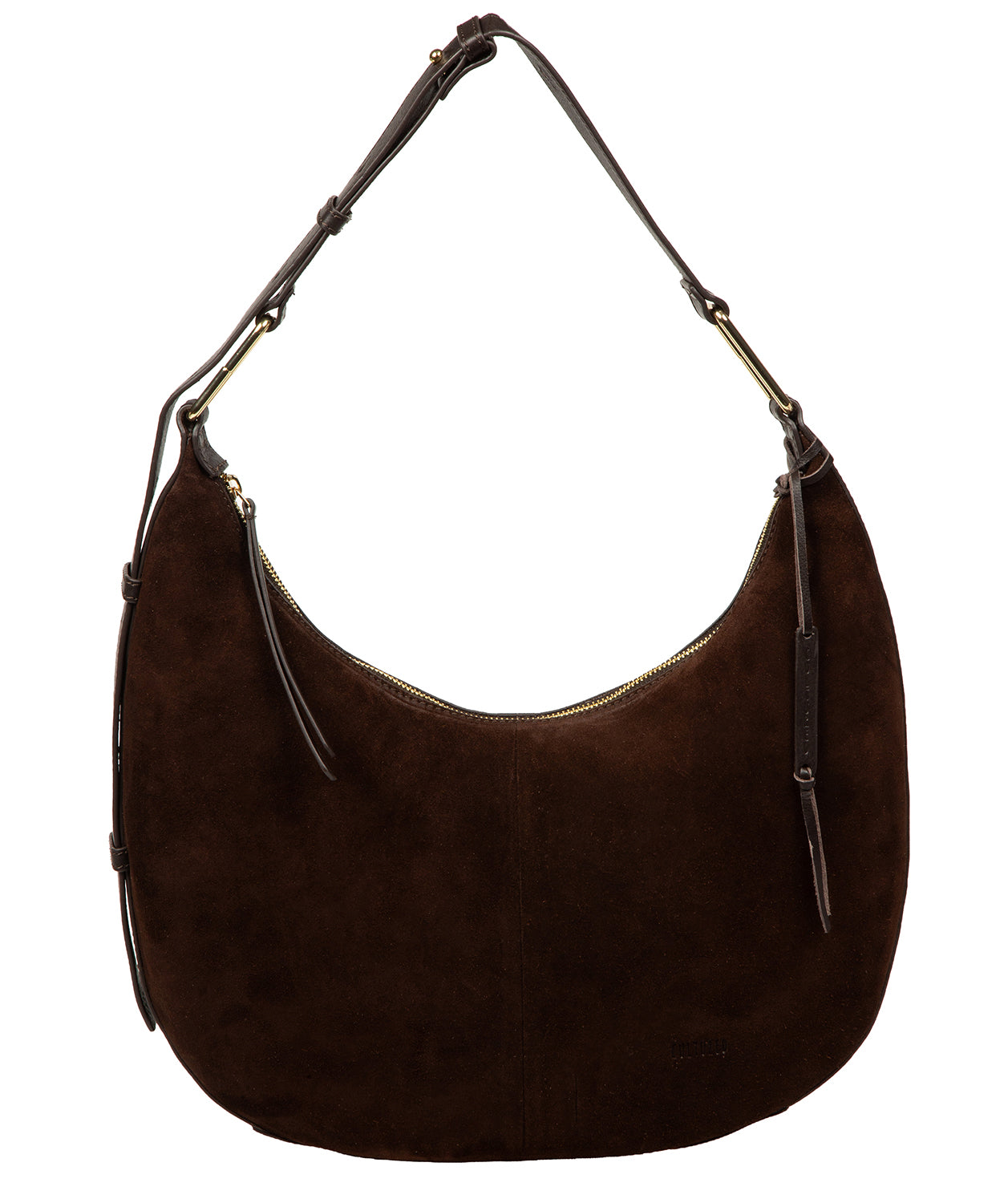 Cultured London Kacey cocoa suede shoulder bag front view