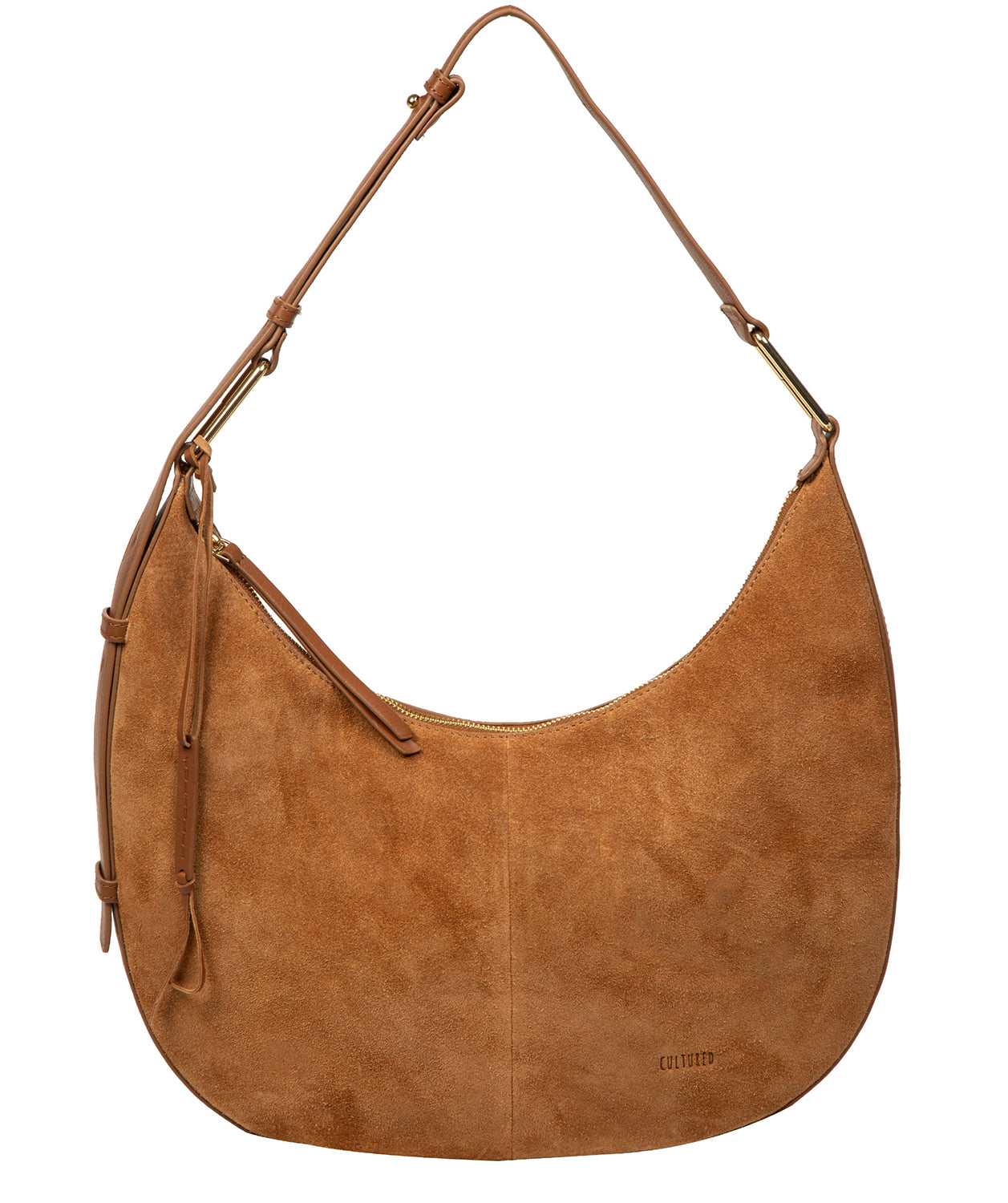 Cultured London Kacey tan suede shoulder bag front view