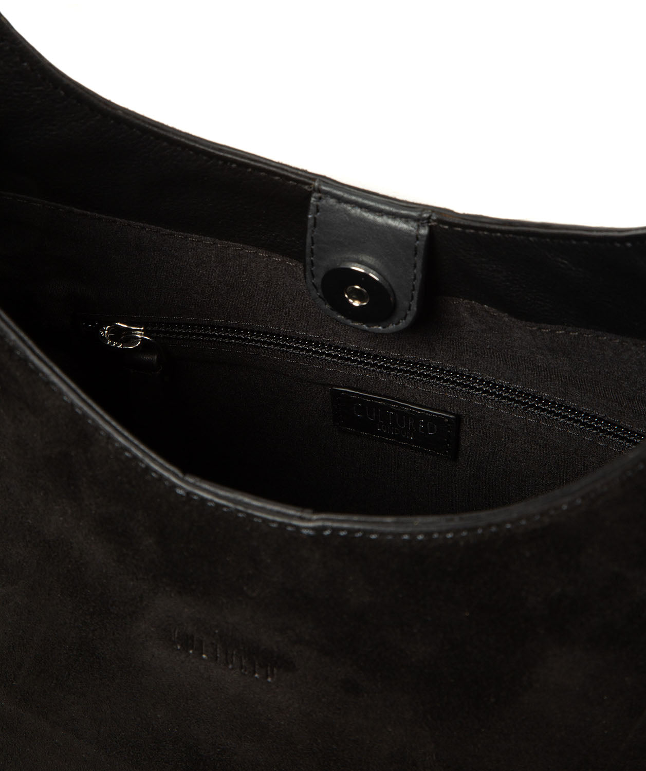 Interior view of Eloise handbag with slip and zipped pockets