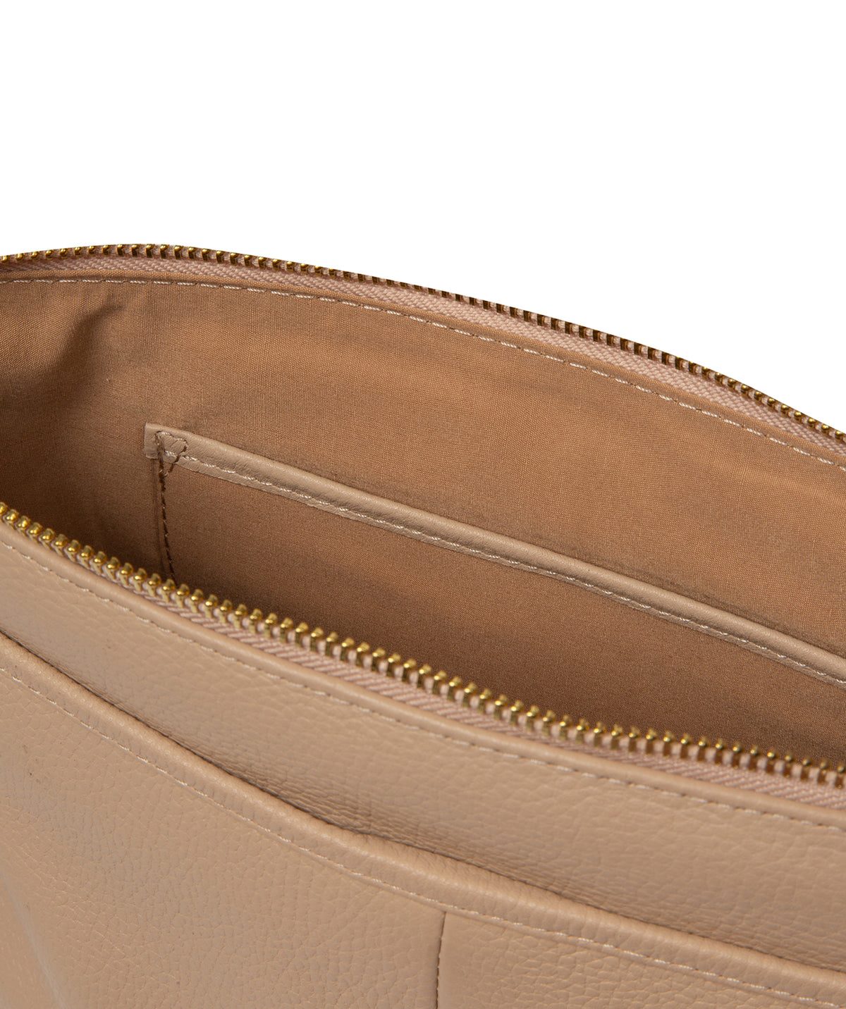 Full view of latte leather crossbody with all features visible