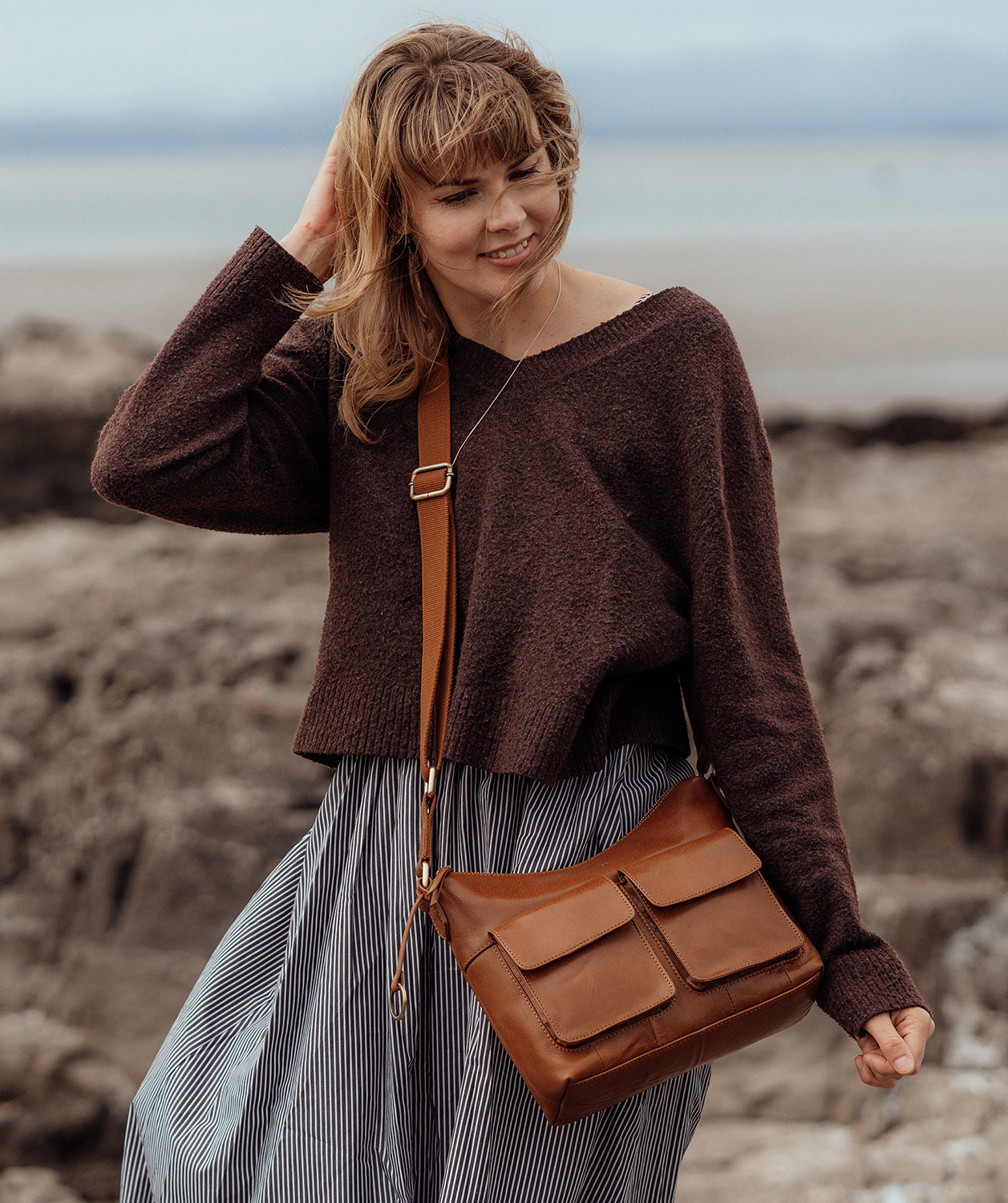 'Natalie' Dark Tan Leather Shoulder Bag