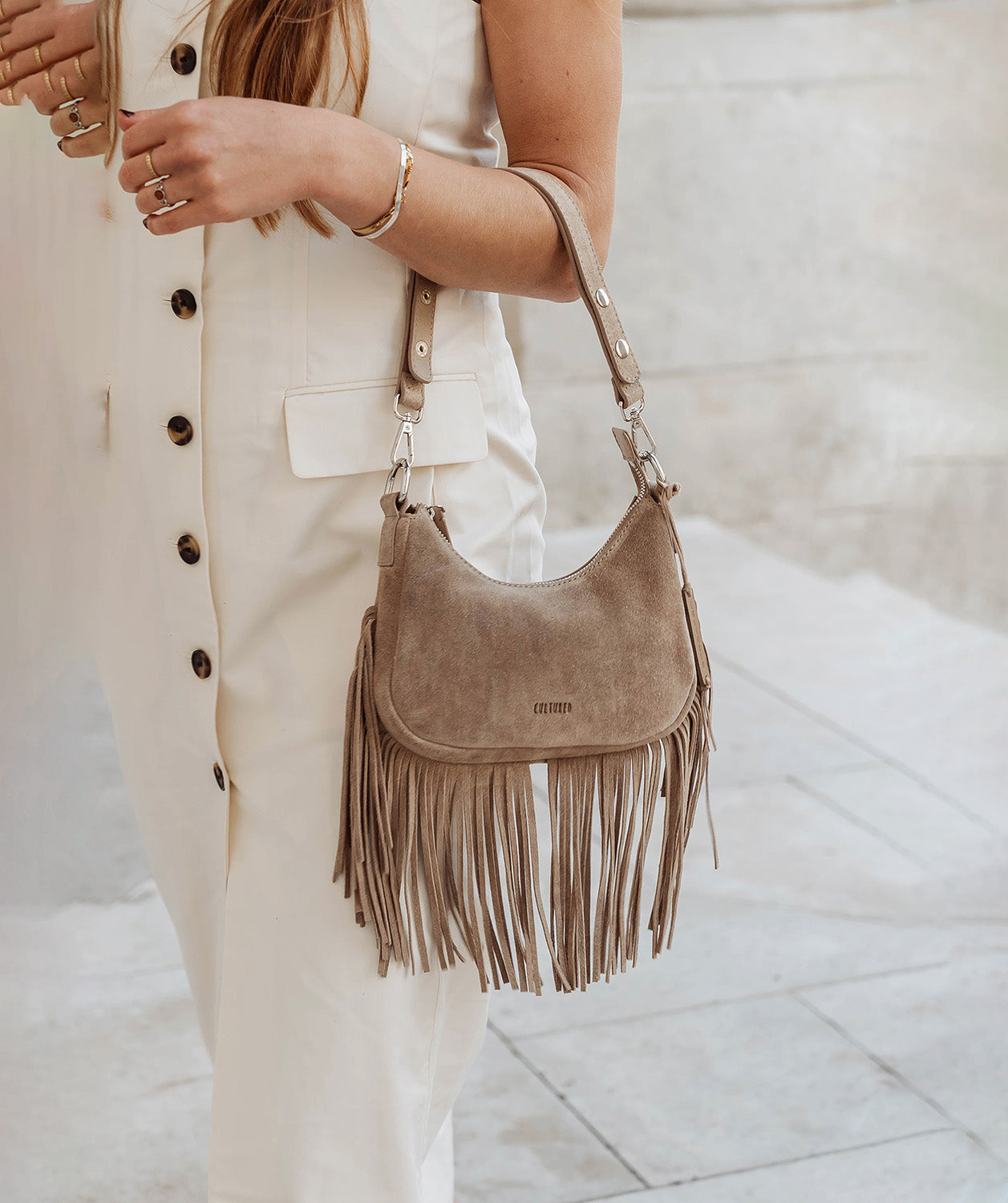 'Alondra' Beige Suede Evening and Clutch Bag