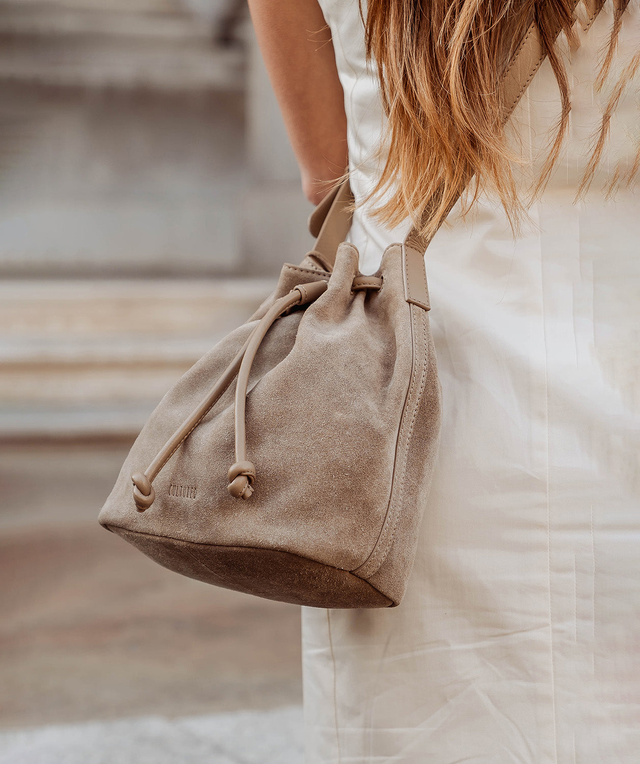 'Emerson' Beige Suede & Leather Shoulder Bag