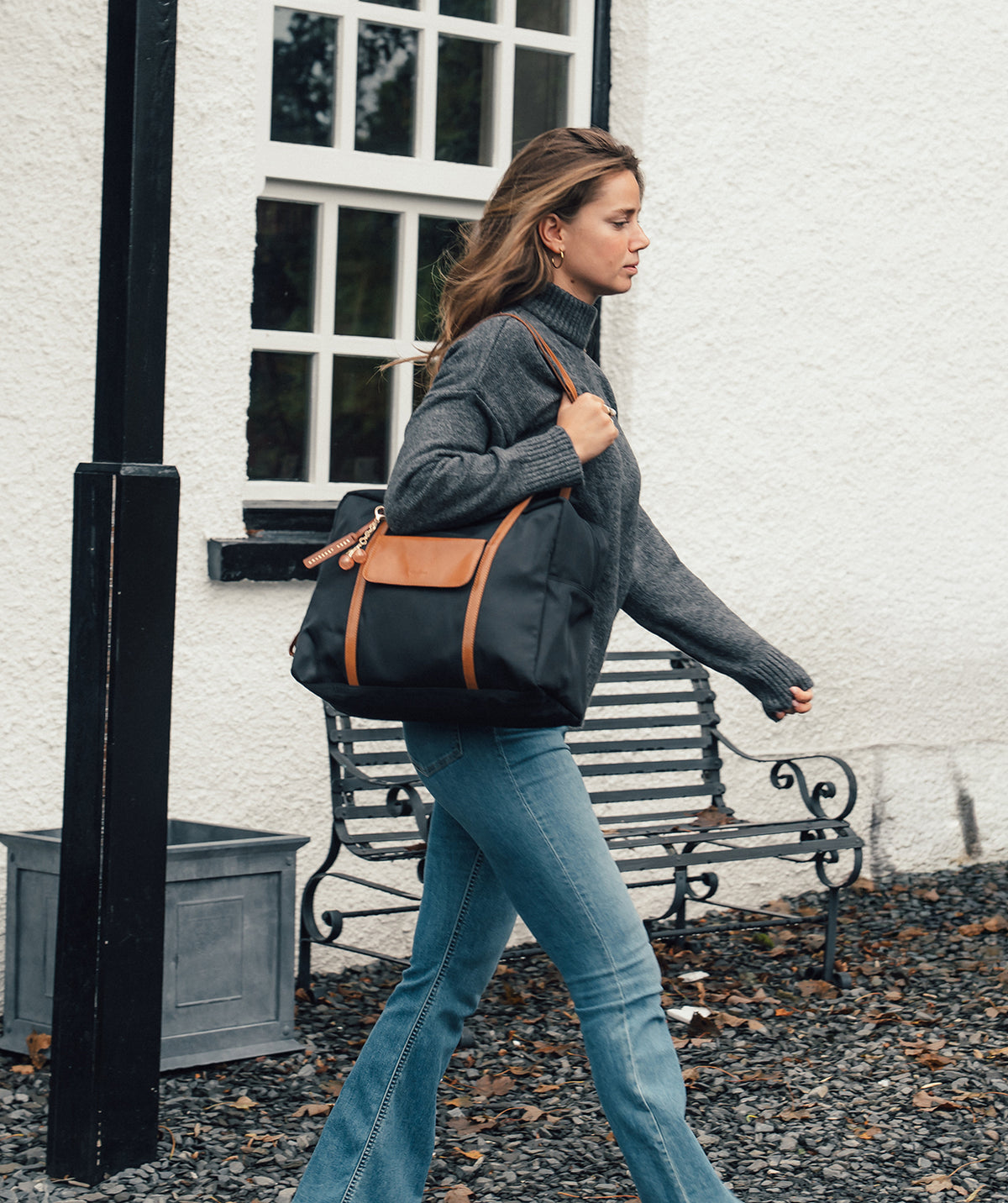 'Skye' Black & Cognac Canvas & Leather Cabin Bag