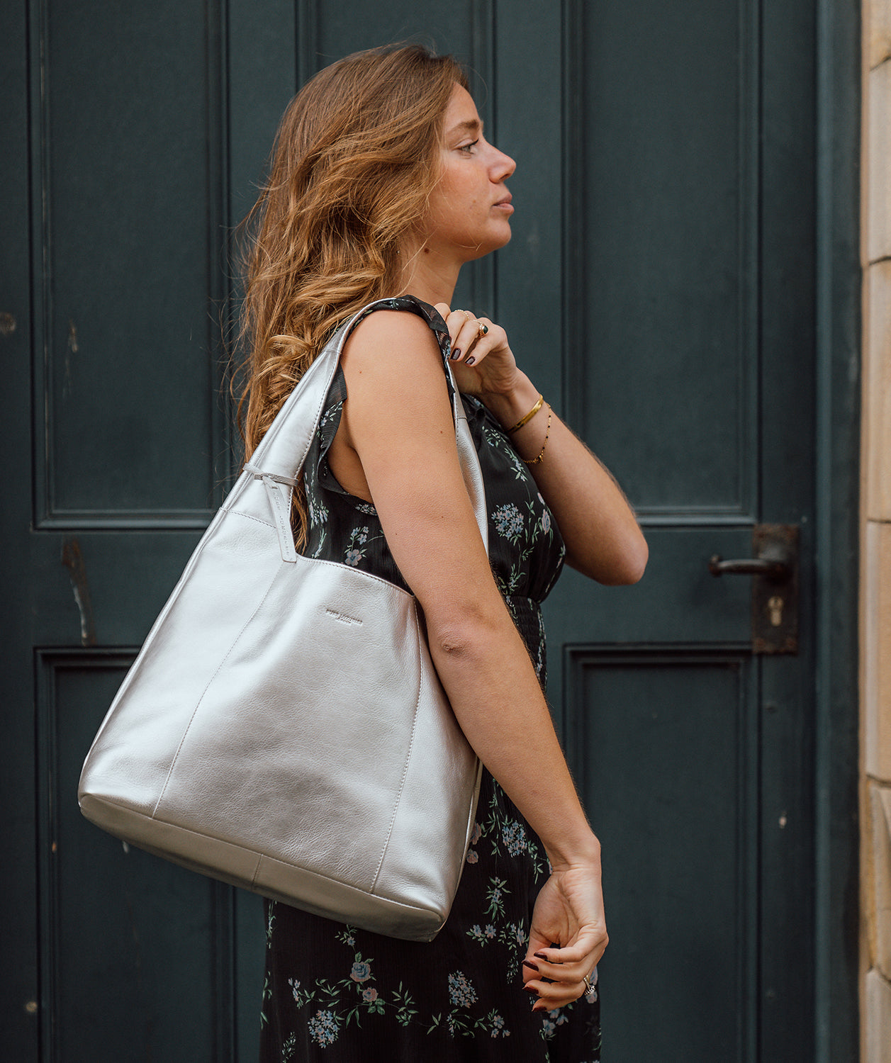 'Nina' Metallic Silver Leather Shoulder Bag
