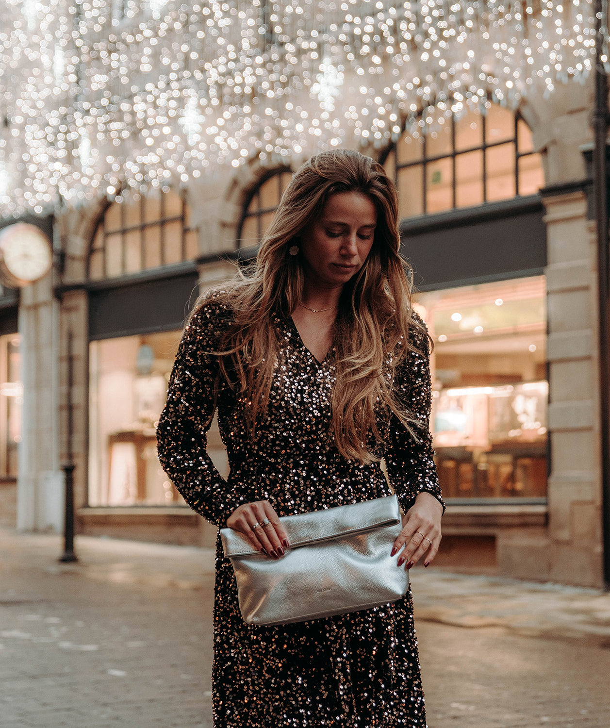 'Sabella' Metallic Silver Leather Clutch Bag