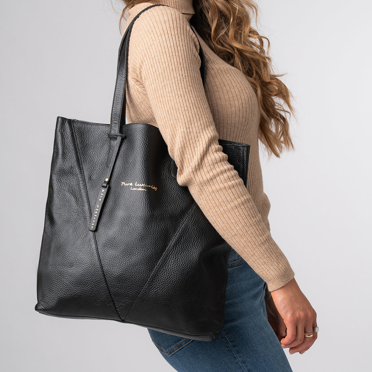 'Claudia' Black Leather Shopper Bag