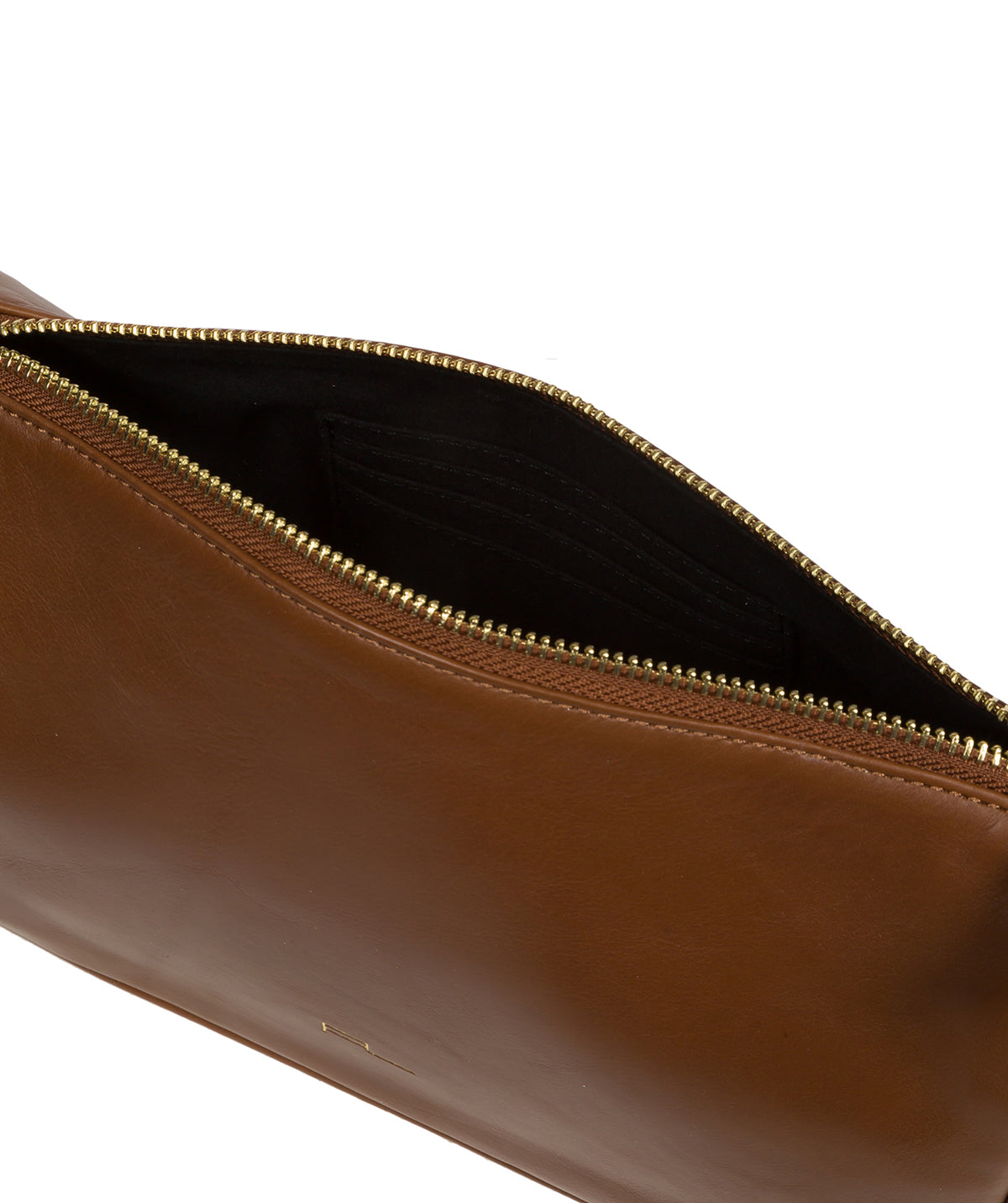 Side profile showing gold foil logo and leather carry strap