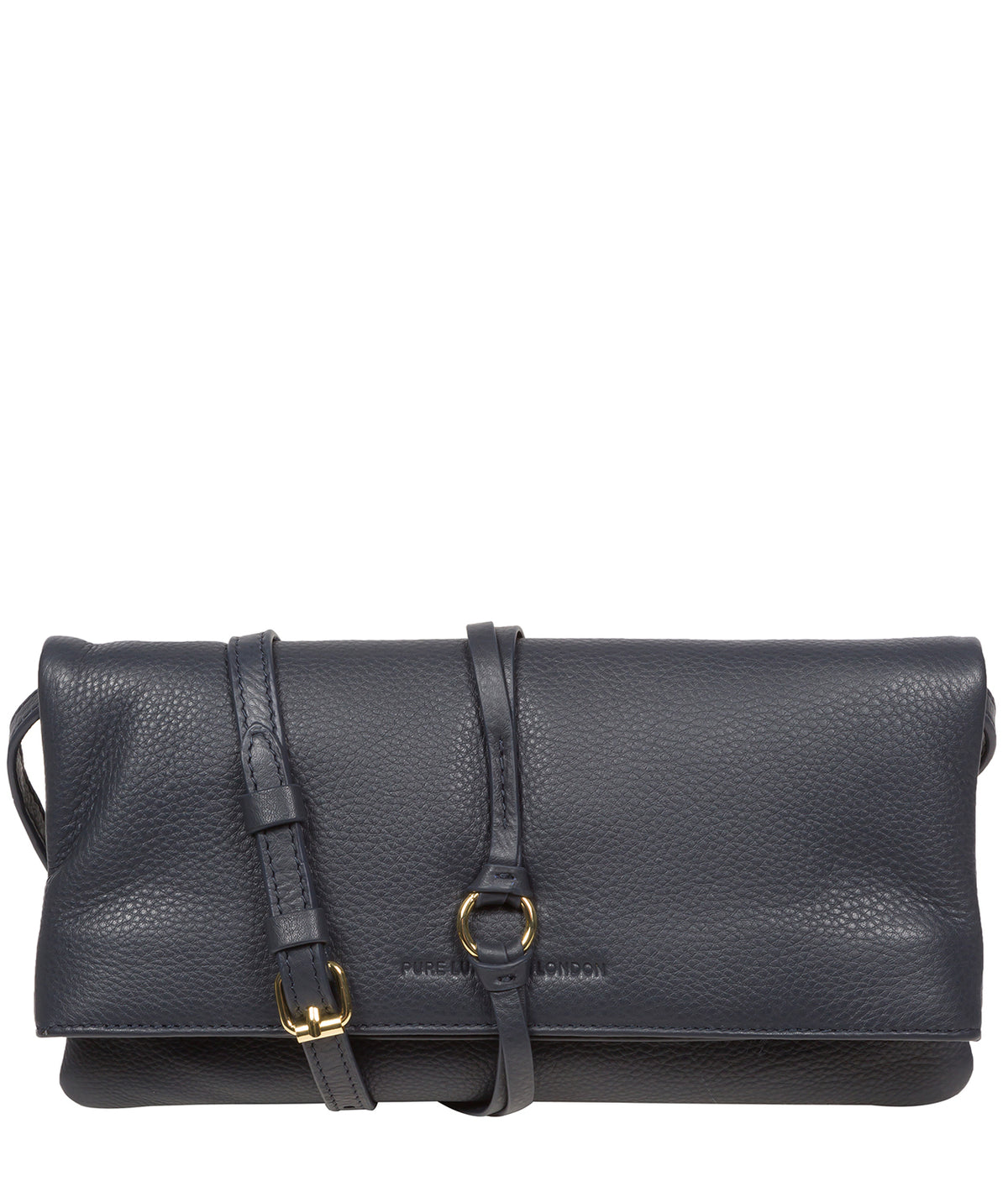 Pure Luxuries Selene navy Nappa leather crossbody clutch bag front view