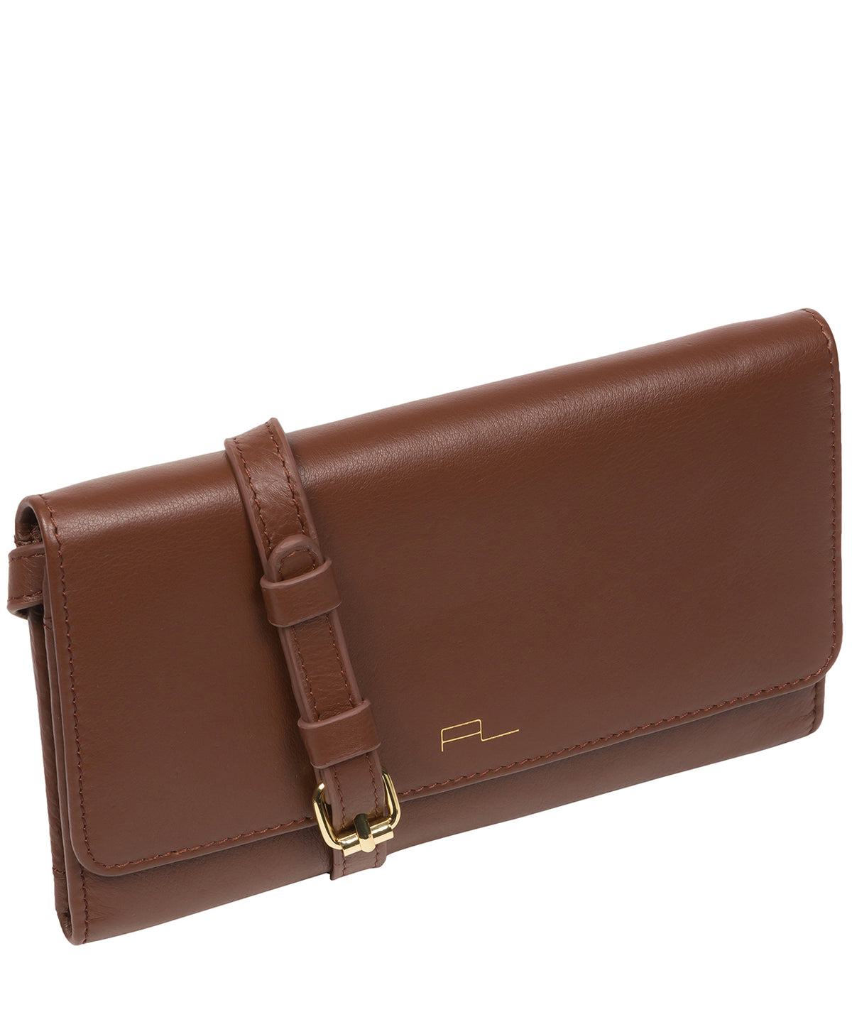 Dark tan crossbody clutch closed flap with magnetic closure