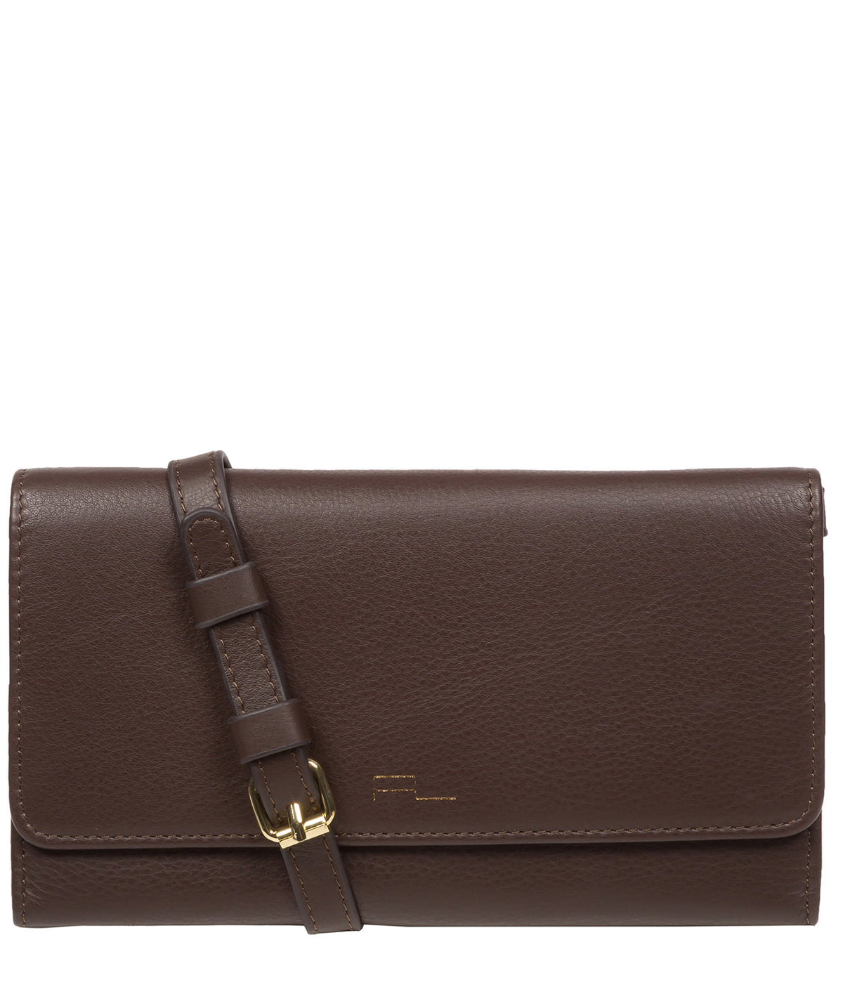 Pure Luxuries Saffron Nappa leather crossbody clutch Hot Fudge front view