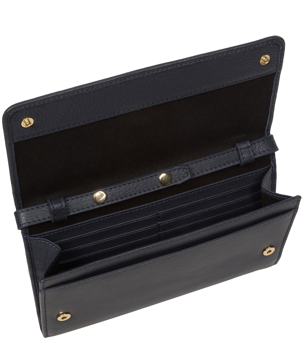 Interior detail of navy leather clutch bag with zip pocket